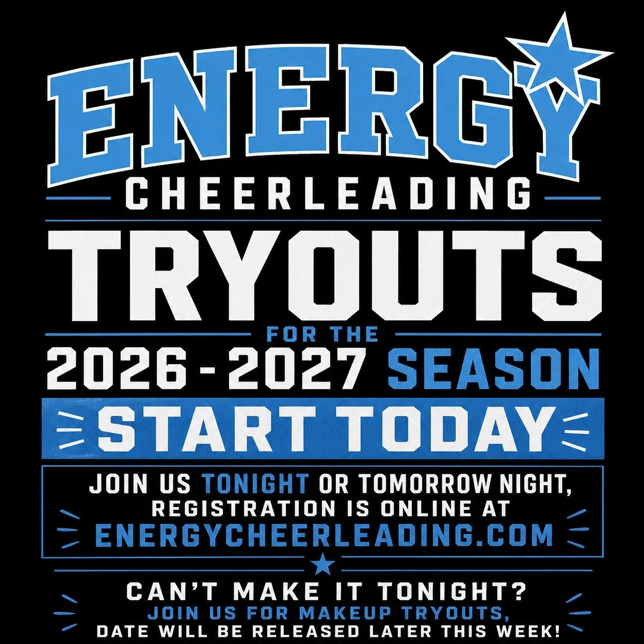 Tryouts for the 2026-2027 start tonight!!! 

Online registration is still open, click the link in our bio or visit us at energycheerleading.com. 

Can't make it to tryouts this week? We will be holding makeup tryouts later this month, more informatio