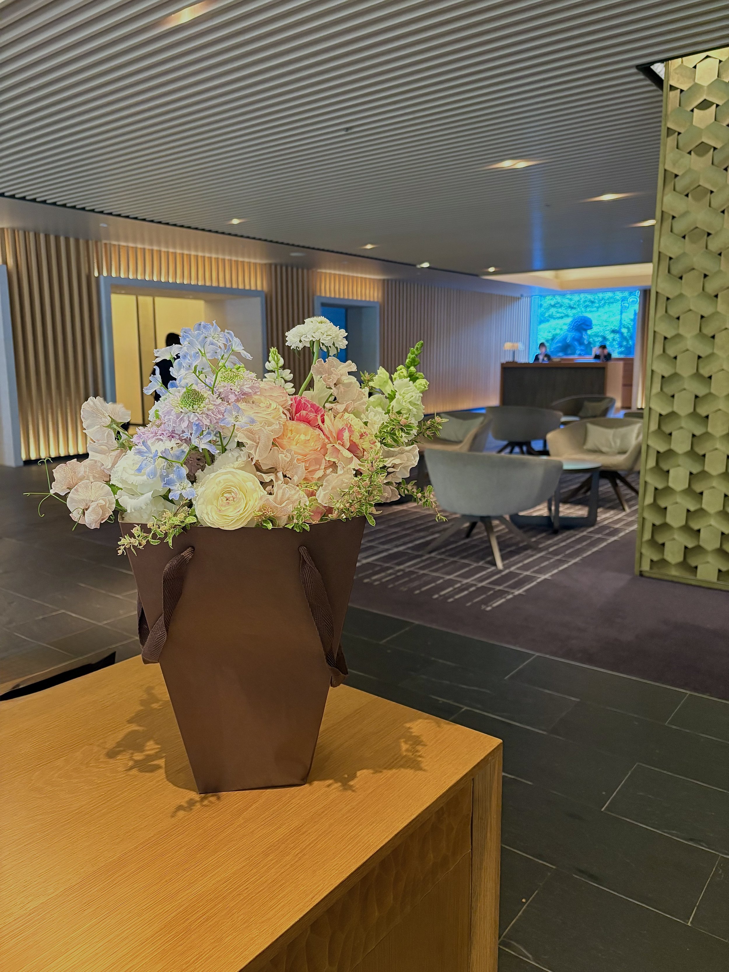beautiful garden style bouquet delivered to a hotel