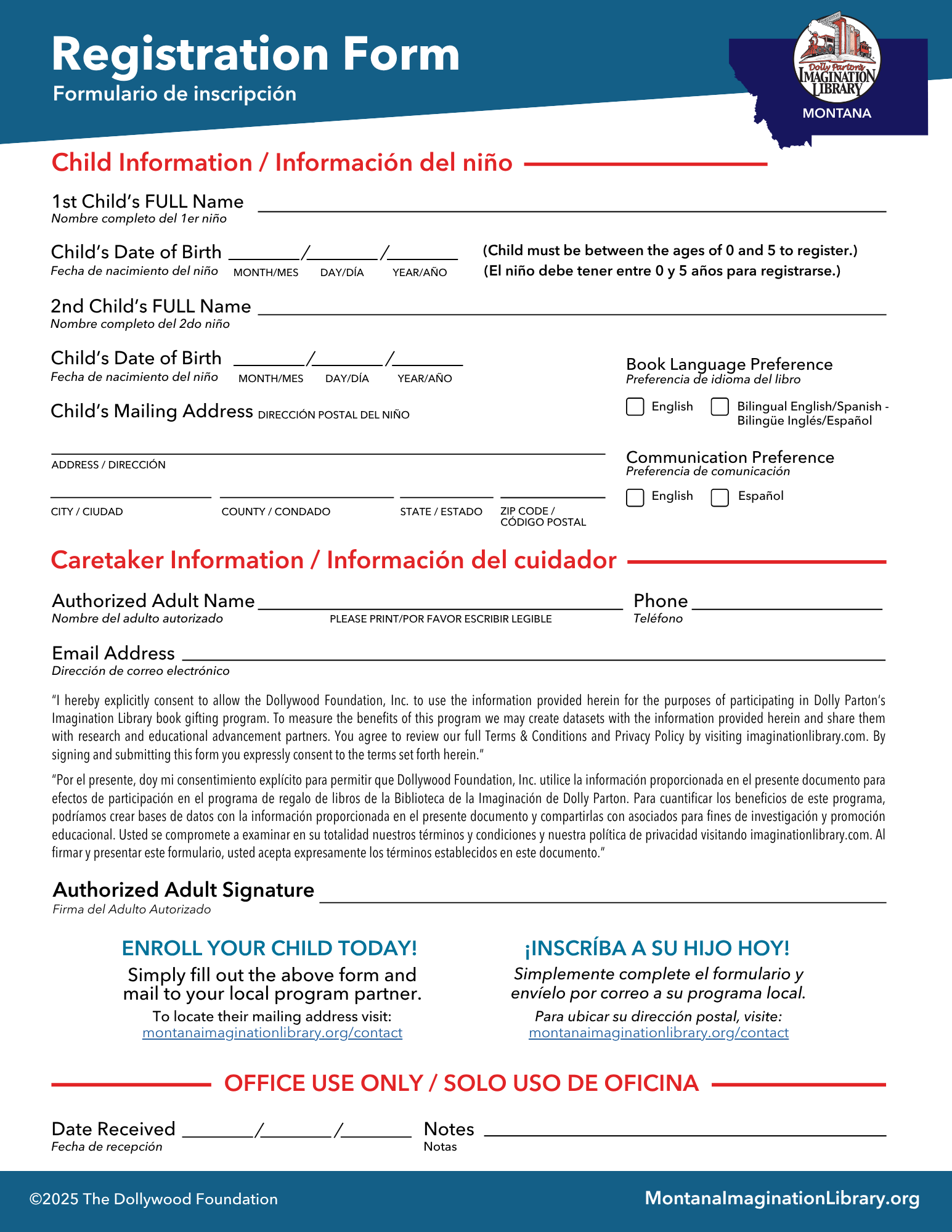 A bilingual registration form for children's and caretaker information, with sections for names, birth dates, addresses, language preferences, and signatures, accompanied by instructions for enrollment and official use, featuring a logo of The Dolly Parton Imagination Library and a map outline of Montana with the logo above.
