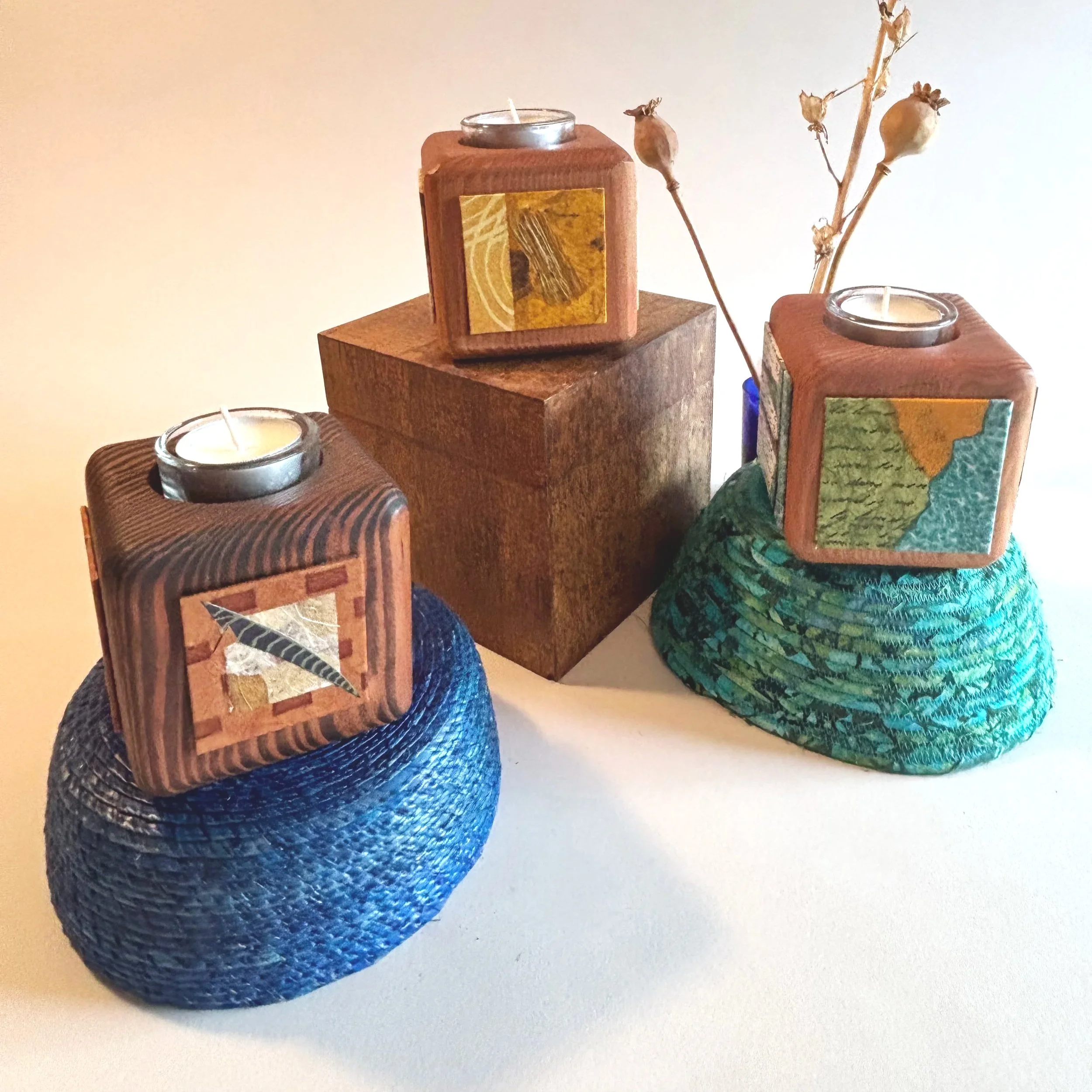 Collaged pine candle holders