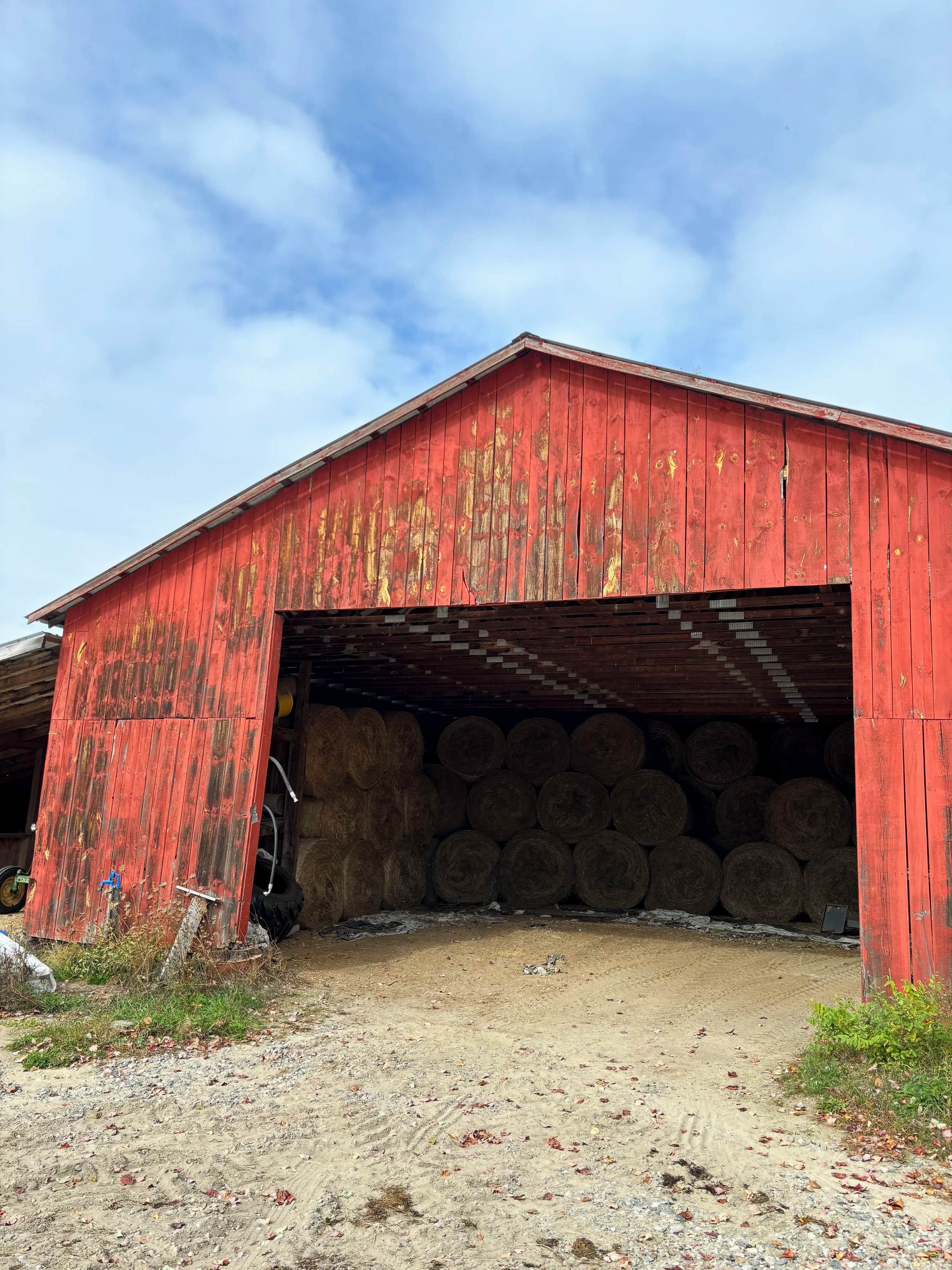 Round hay bales from nearby fields.