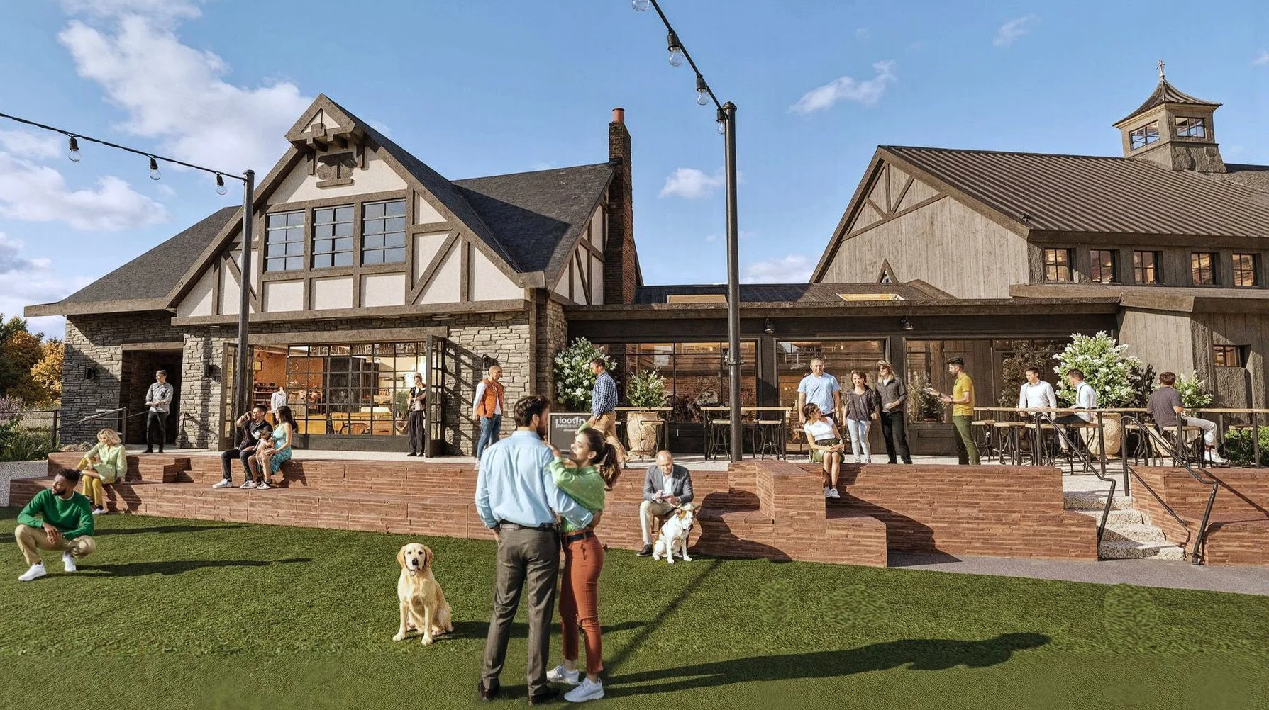 People gathered outside a large, rustic-style building with stone and wood exterior, sitting and standing on brick steps, some with dogs, under string lights on a sunny day.