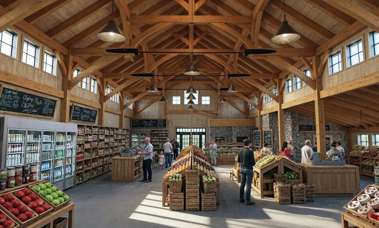 Interior of a rustic grocery store with wooden beams, high ceilings, and natural light. Shelves lined with groceries, produce displays with apples and other fruits, and customers shopping.