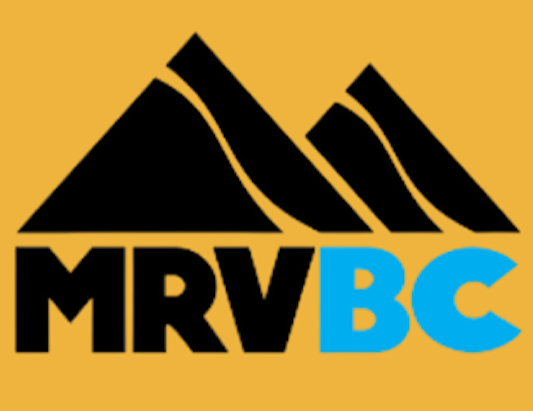 Logo with mountains and text 'MRV BC' in black and blue on a gold background.