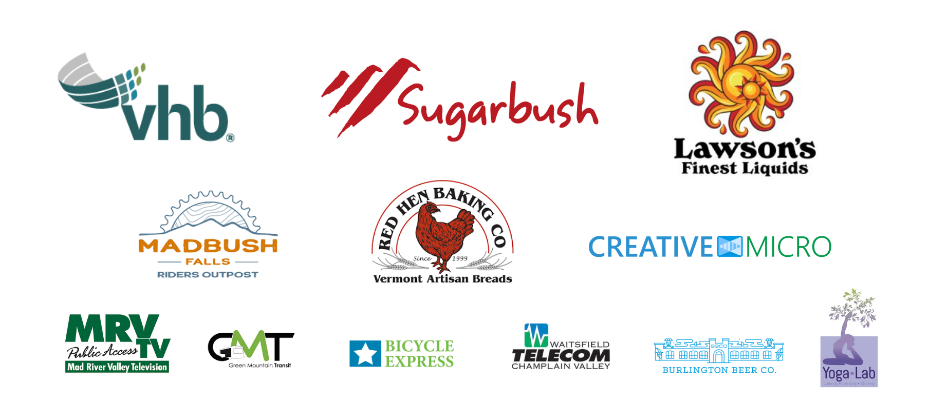 Logo collage of various brands including VHB, Sugarbush, Lawson’s Finest Liquids, Madbush Falls, Red Hen Baking Co., Creative Micro, MRV TV, Green Mountain Transit, Bicycle Express, Waitsfield Telecom, Burlington Beer Co., and Yoga Lab.