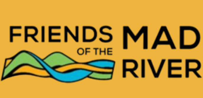 Logo with text 'Friends of the Mad River' and colorful abstract river and mountain design on a yellow background.