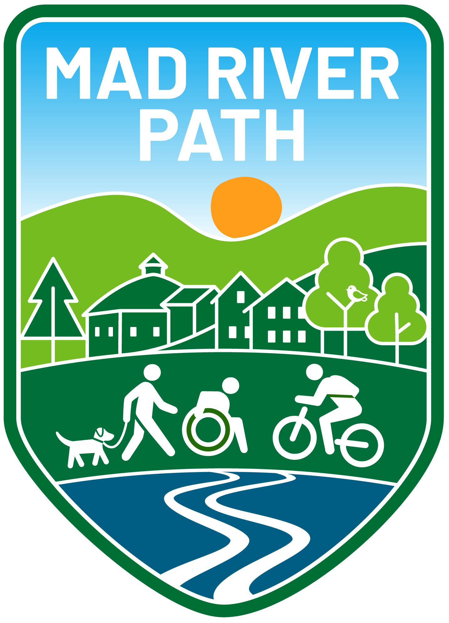 A colorful outdoor signage featuring the text 'Mad River Path' with a sunset, houses, trees, a stream, and people walking, biking, and with a dog.