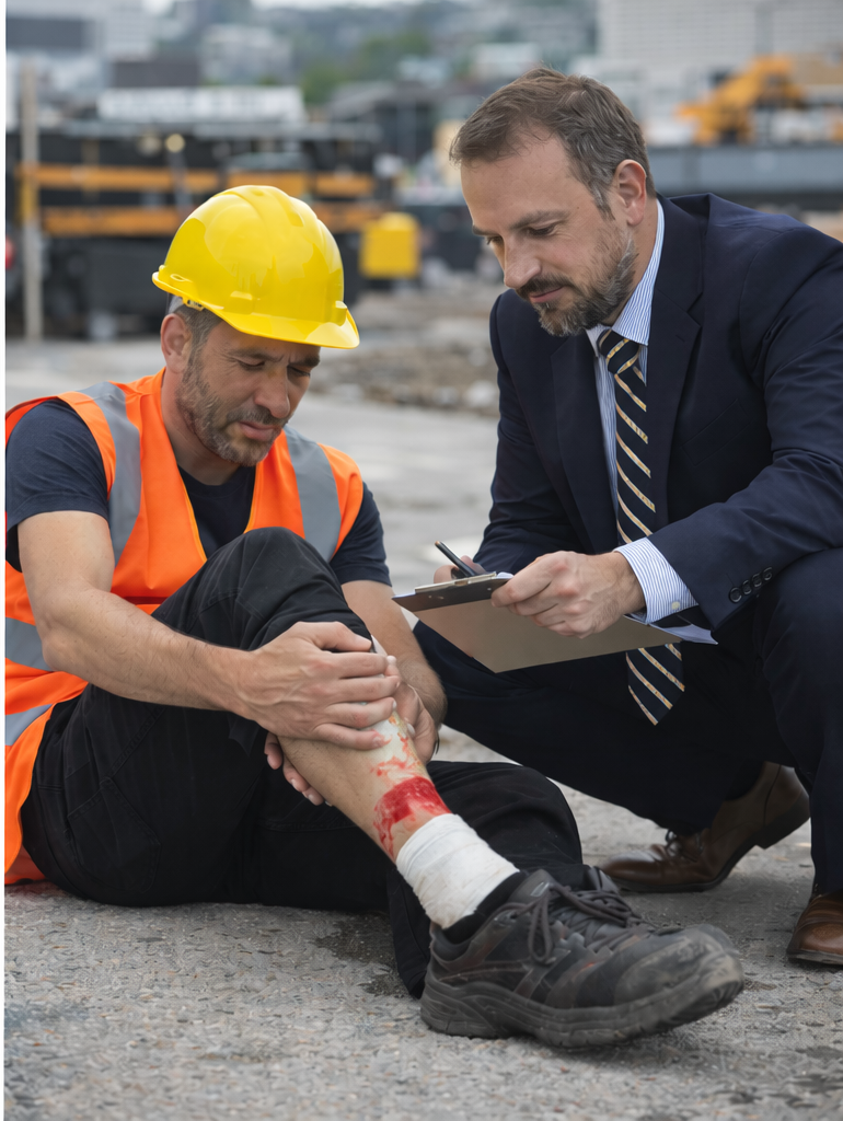 el abogado Arola Lecour asesorando a un trabajador que tiene una lesión en la pierna con sangre en un sitio de construcción.