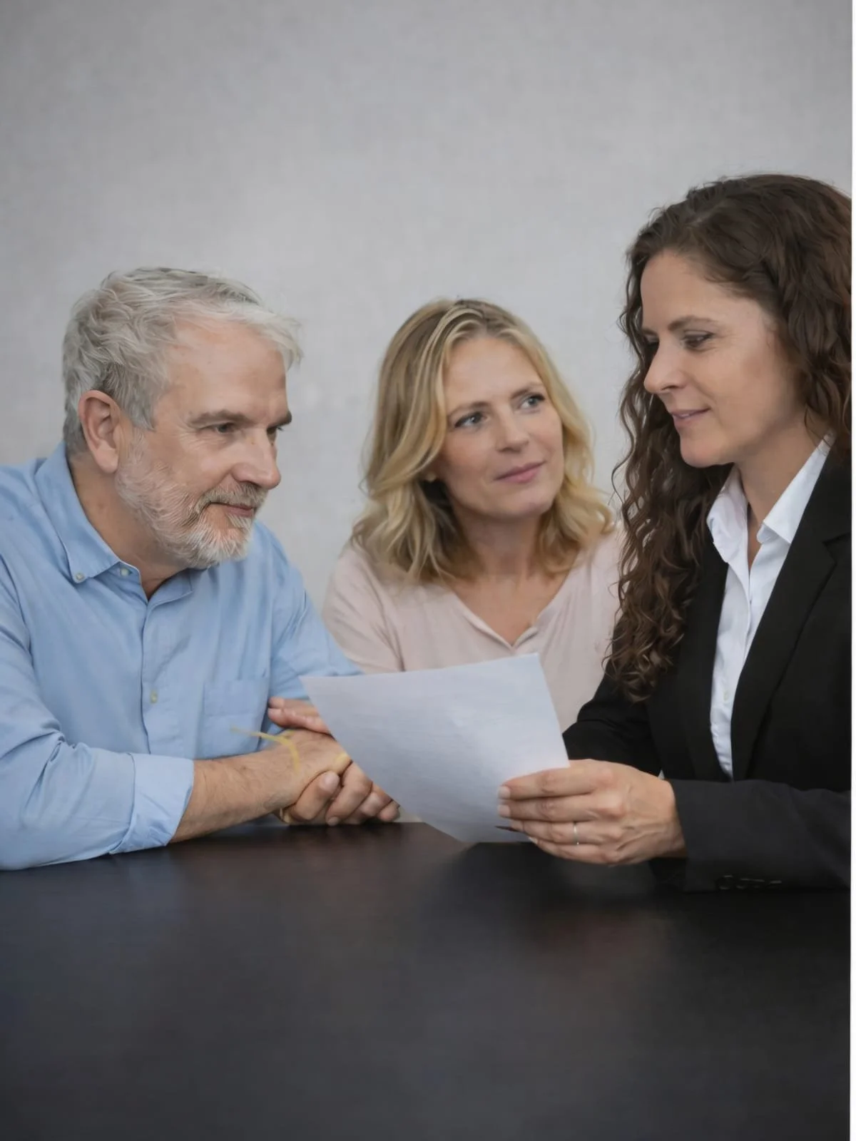 C.P.N.Mariel V. Lopéz y dos personas en una reunión, una mujer con traje negro sostiene un documento y las otras dos observan atentamente