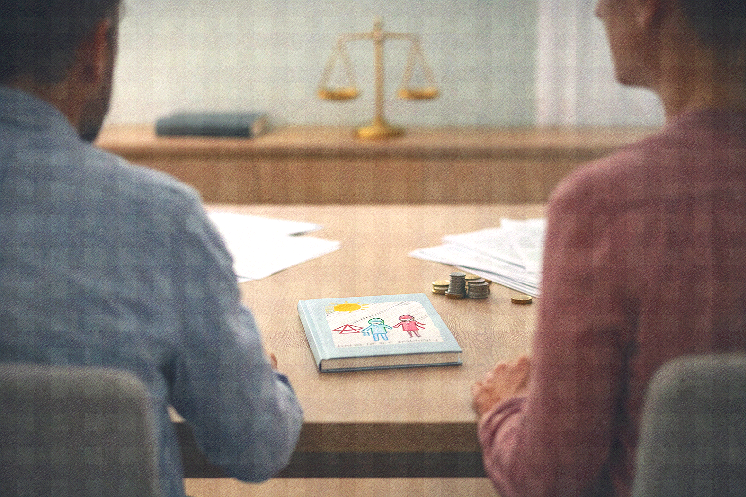 Una reunión de dos personas en una mesa con un libro en el centro que tiene un dibujo infantil de una familia, el sol y una casa, rodeado de papeles, monedas y un escritorio con balanza en el fondo.