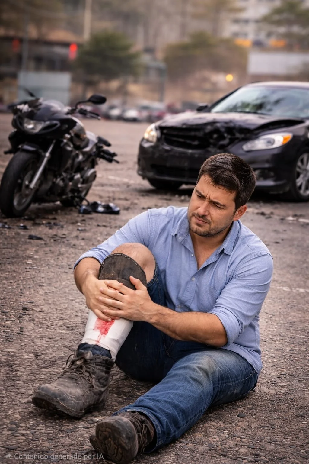acidente intinere. all juridico contable. Hombre sentado en la carretera, sosteniendo su pierna herida después de un accidente de tráfico que involucró una motocicleta y un coche dañado.
