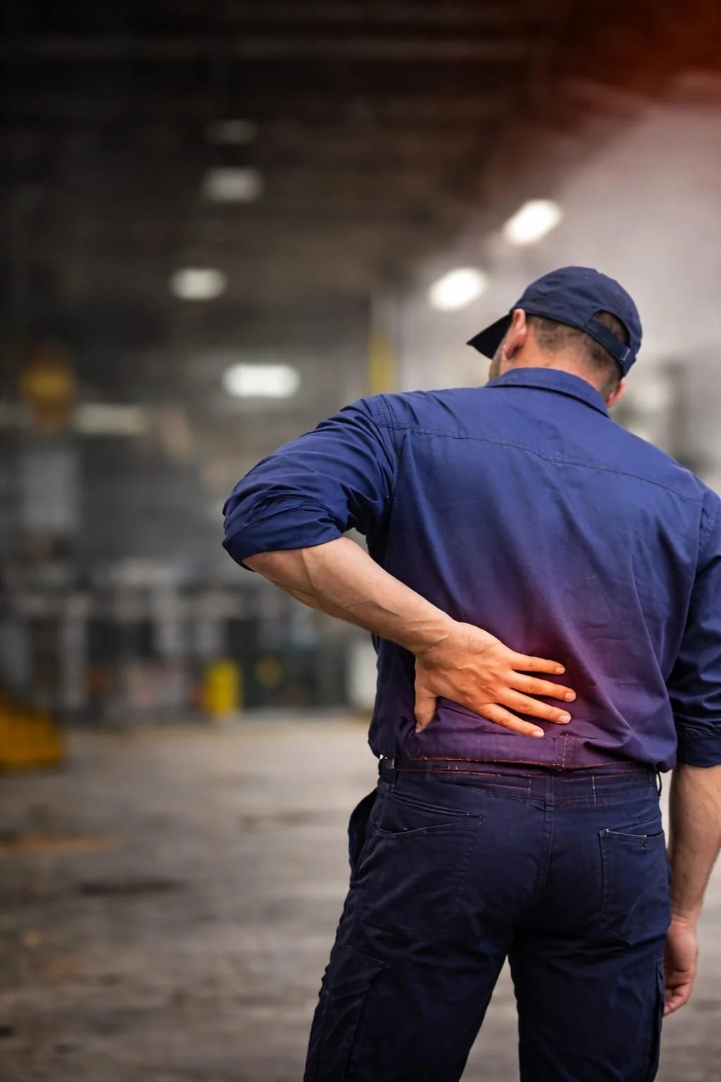 Hombre de espaldas, usando ropa de trabajo azul y gorra, sosteniéndose la parte baja de la espalda en un ambiente industrial. enfermedad laboral inculpable para reclamar a art