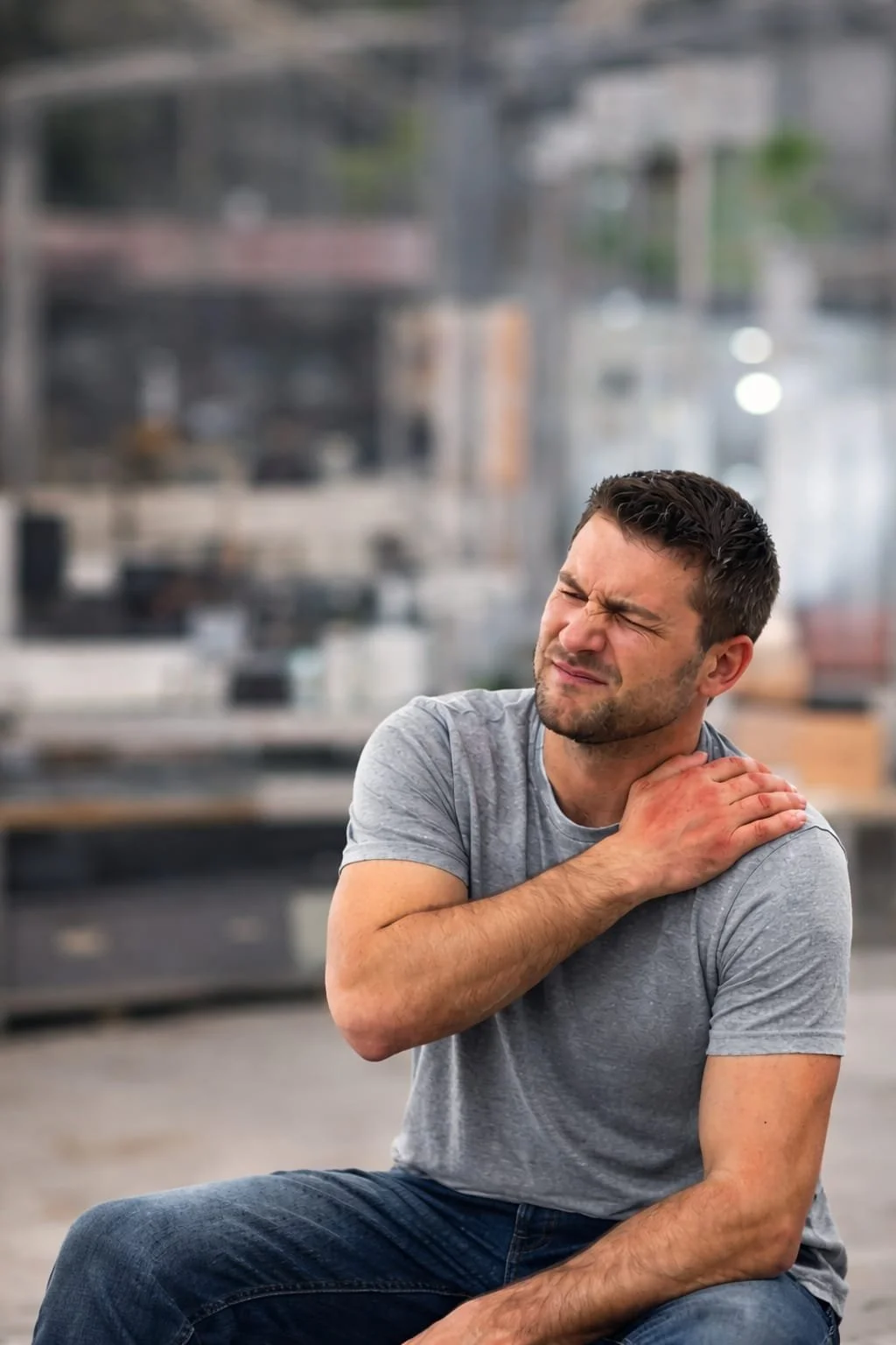 Hombre con dolor en el hombro, parece estar en un ambiente urbano / reclamo para art