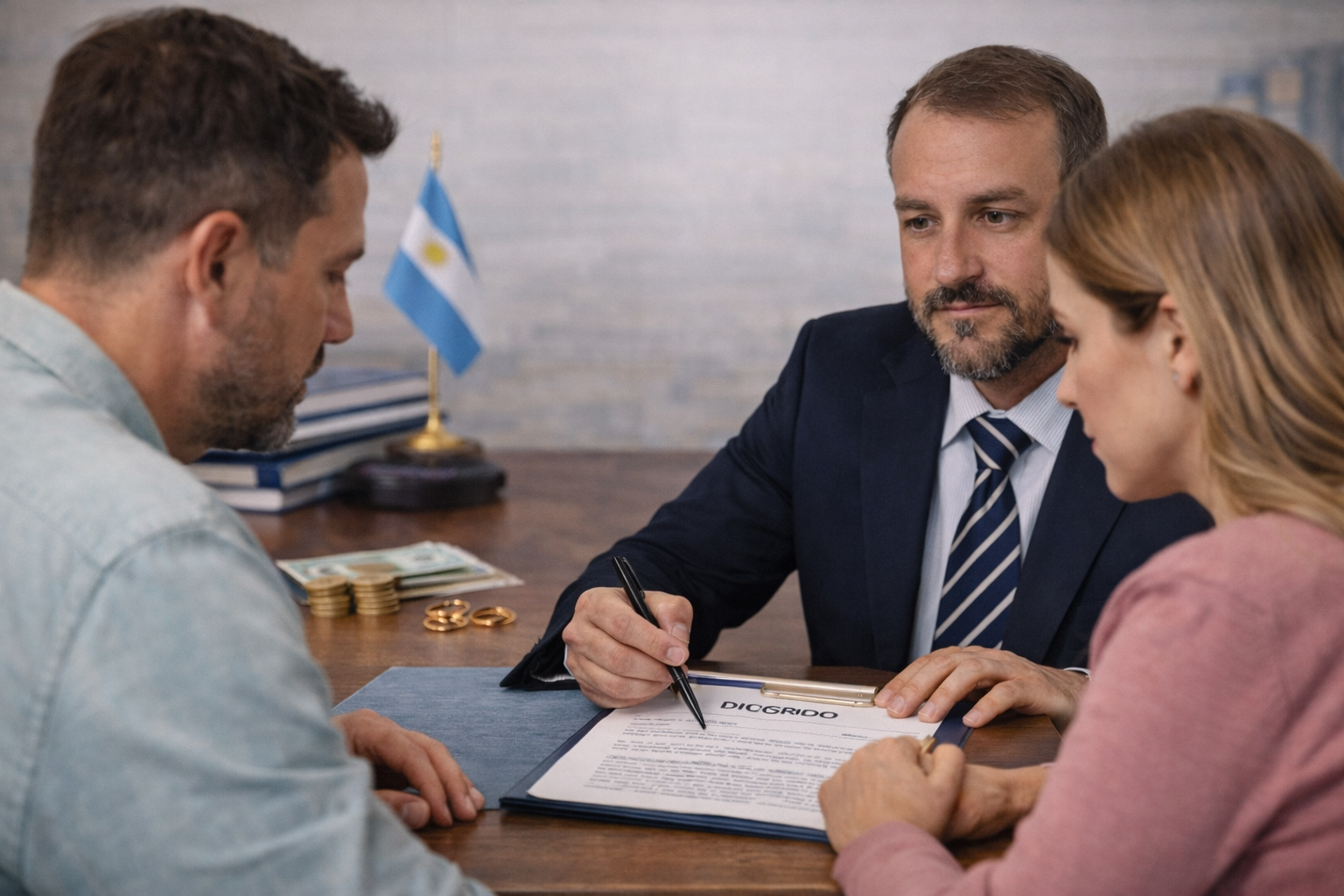 el Dr. Arola LEocur y dos personas en una oficina revisando un documento, con un pequeño bandera de Argentina en el fondo, monedas y billetes sobre la mesa.