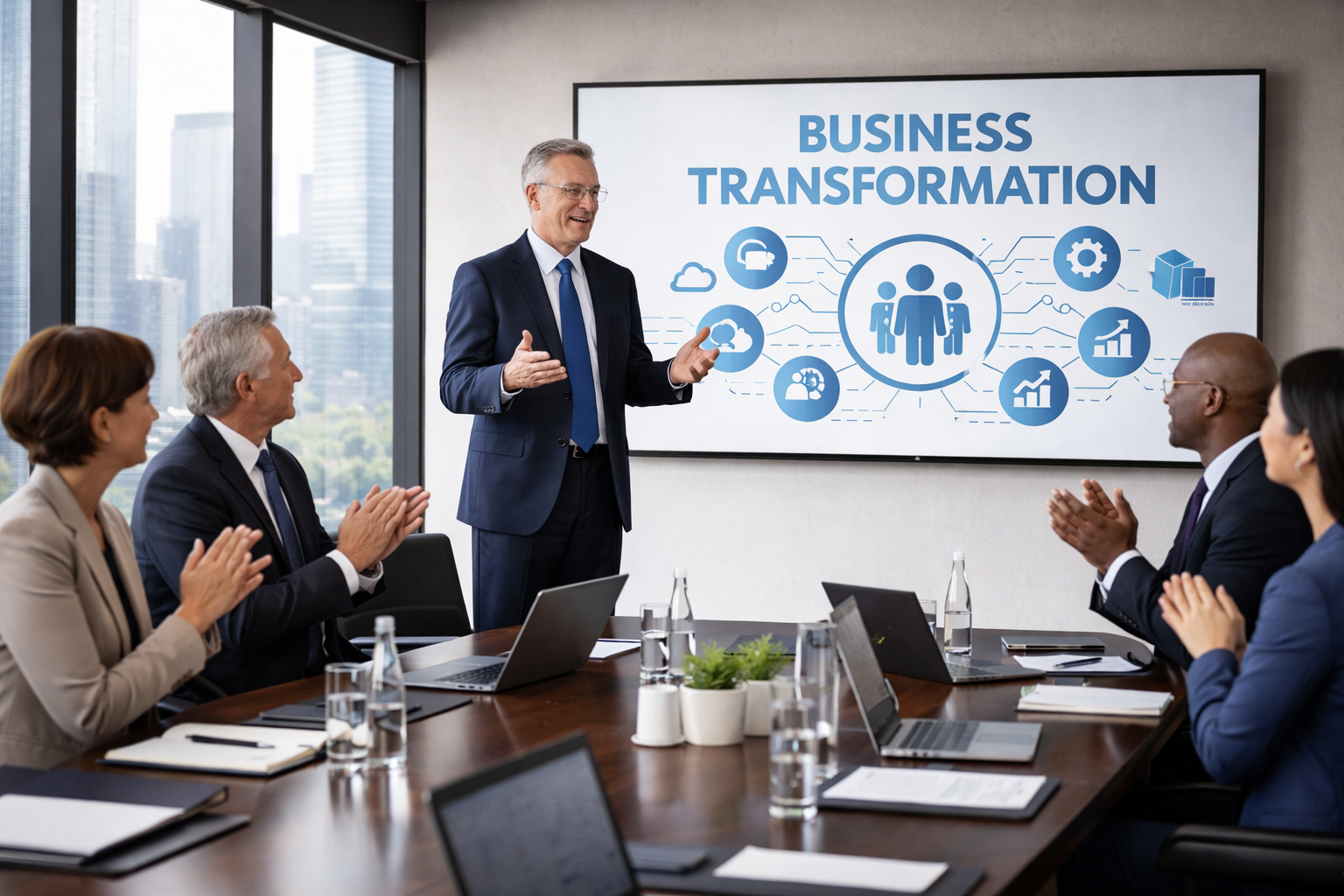 Business meeting with six people in a conference room, with a man in a suit giving a presentation on a screen labeled 'Business Transformation'. Talking about leadership recalibration. Found on BeIndigo Consulting Group website.