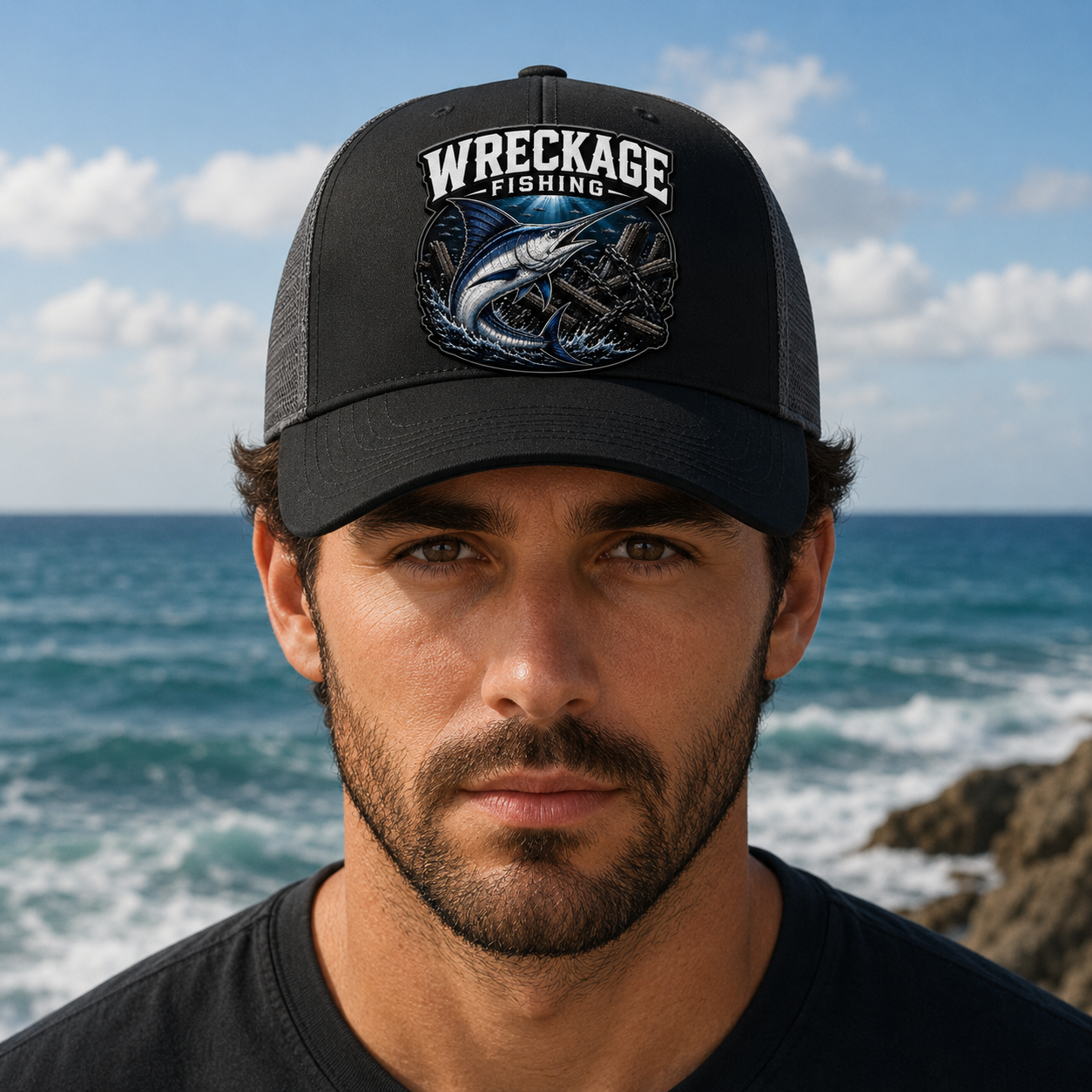 WF Marlin Trucker hat Black:charcoal front.png