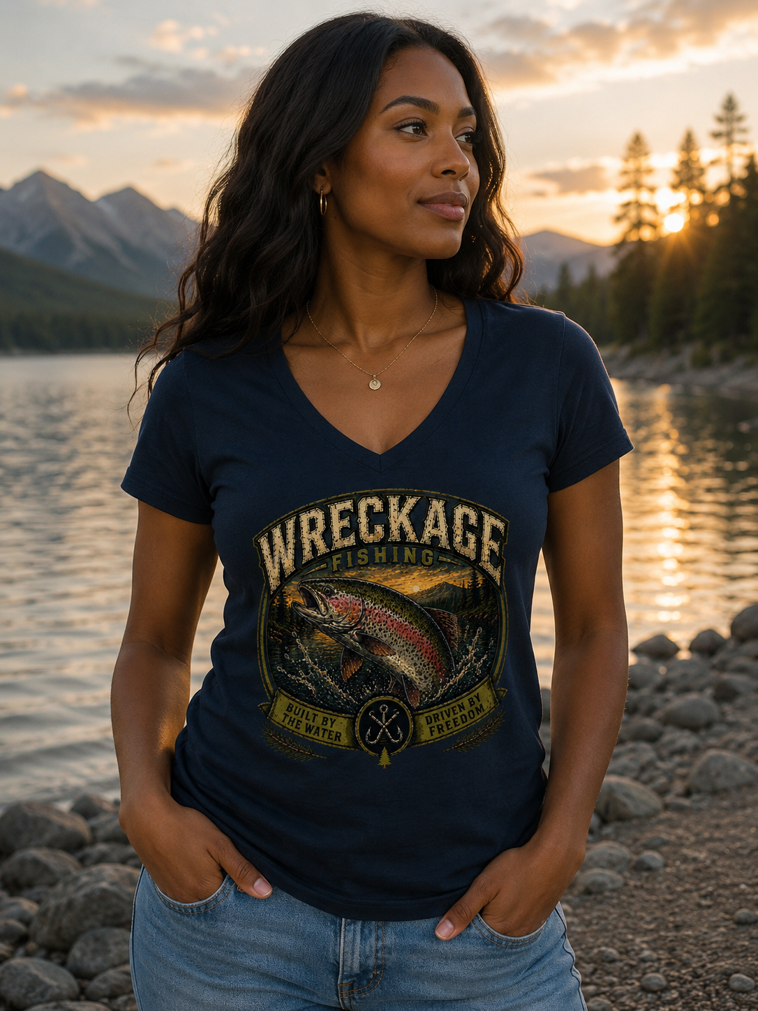 WF Rainbow Trout Women's V-Neck navy.png