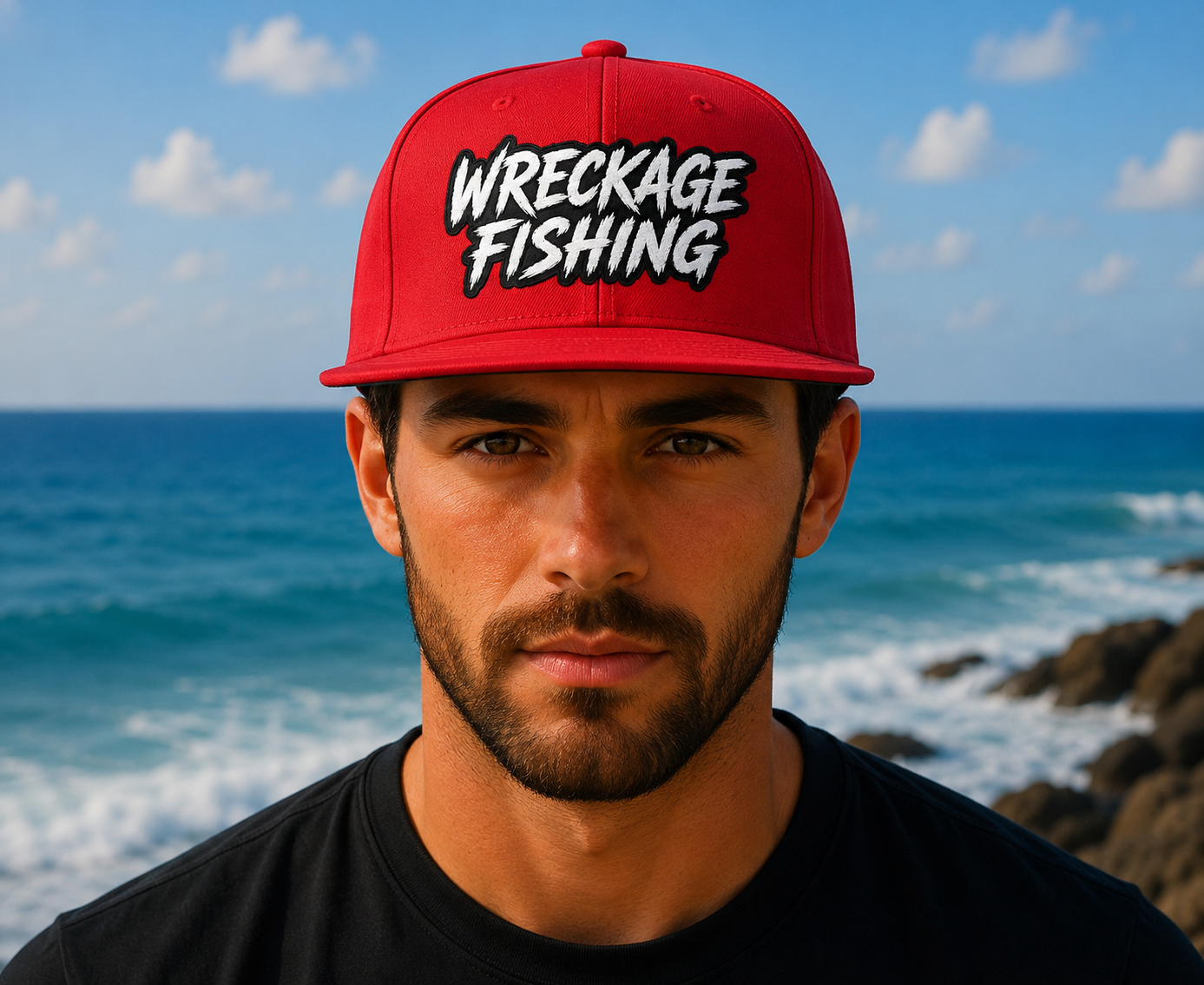Wreckage Fishing Logo Flat Bill Snapback Hat Embroidered