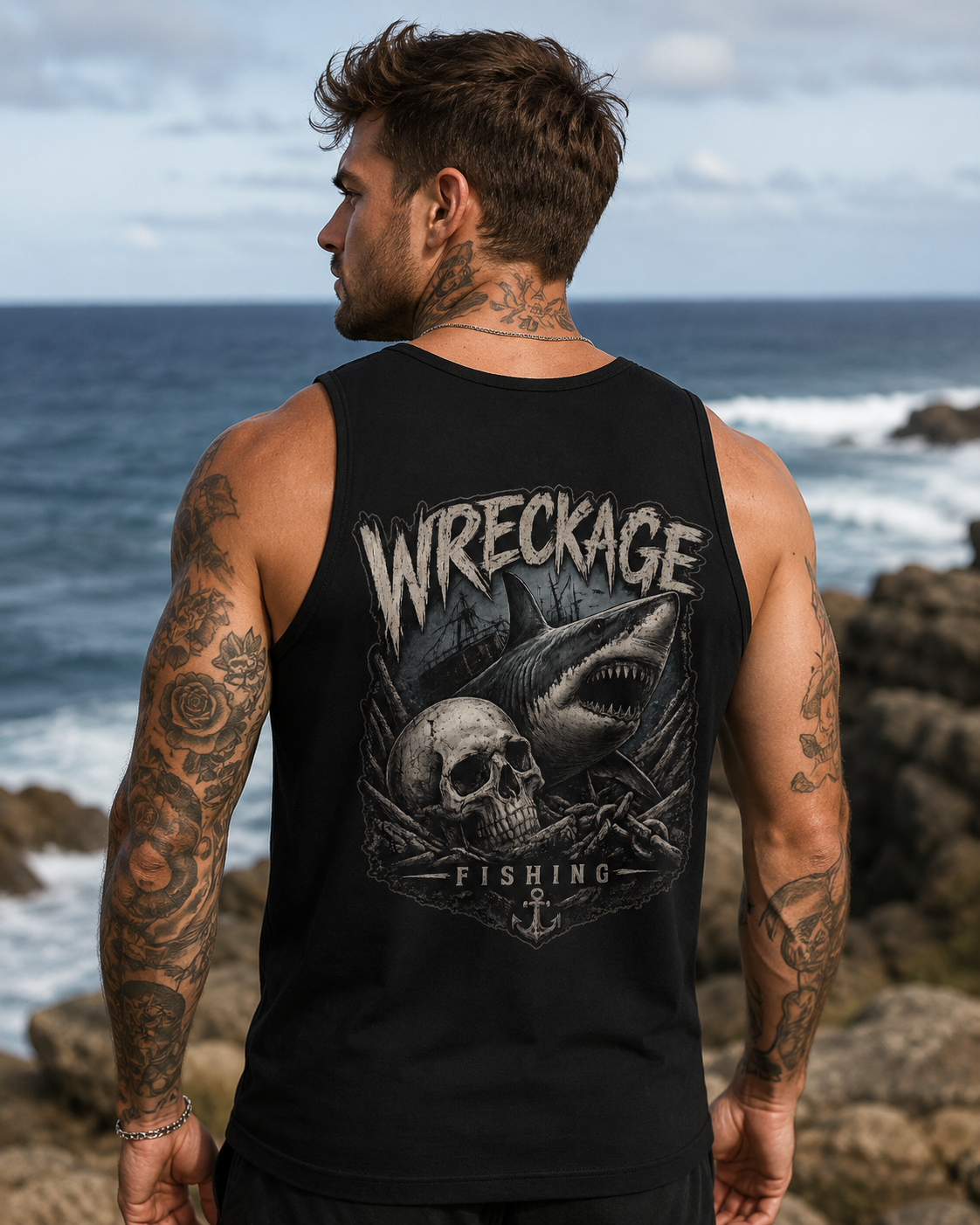 WF Skull and Shark men's Tank Top Black back.png