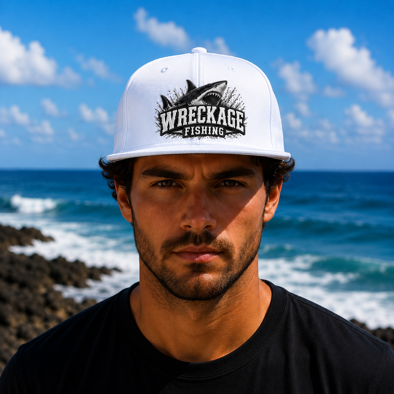 WF Shark Flat Bill Hat white Front.png