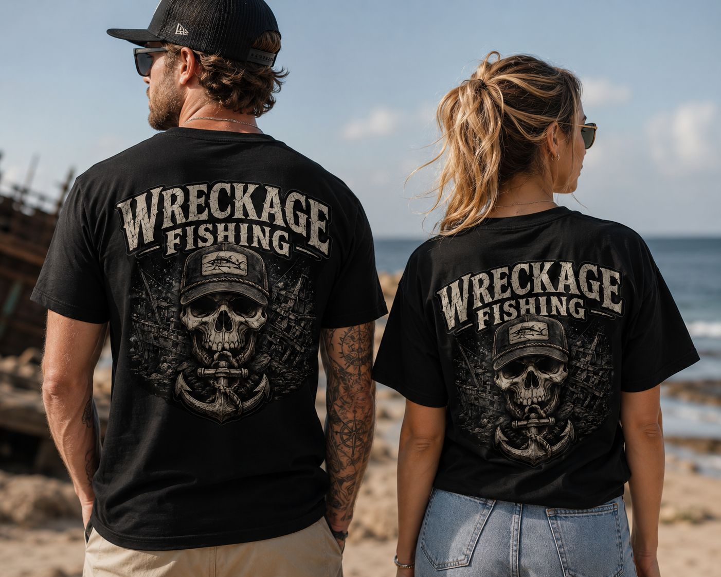 Wreckage Fishing Black and Gray Skull Men's T-Shirt