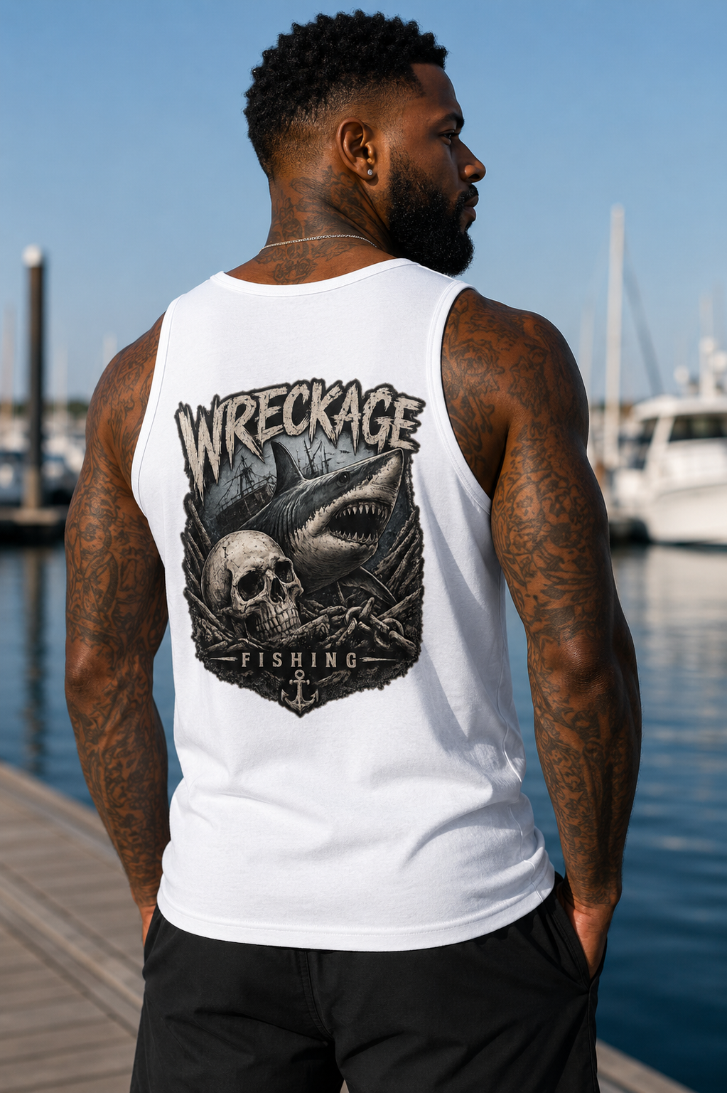 WF Skull and Shark men's Tank Top white  back.png