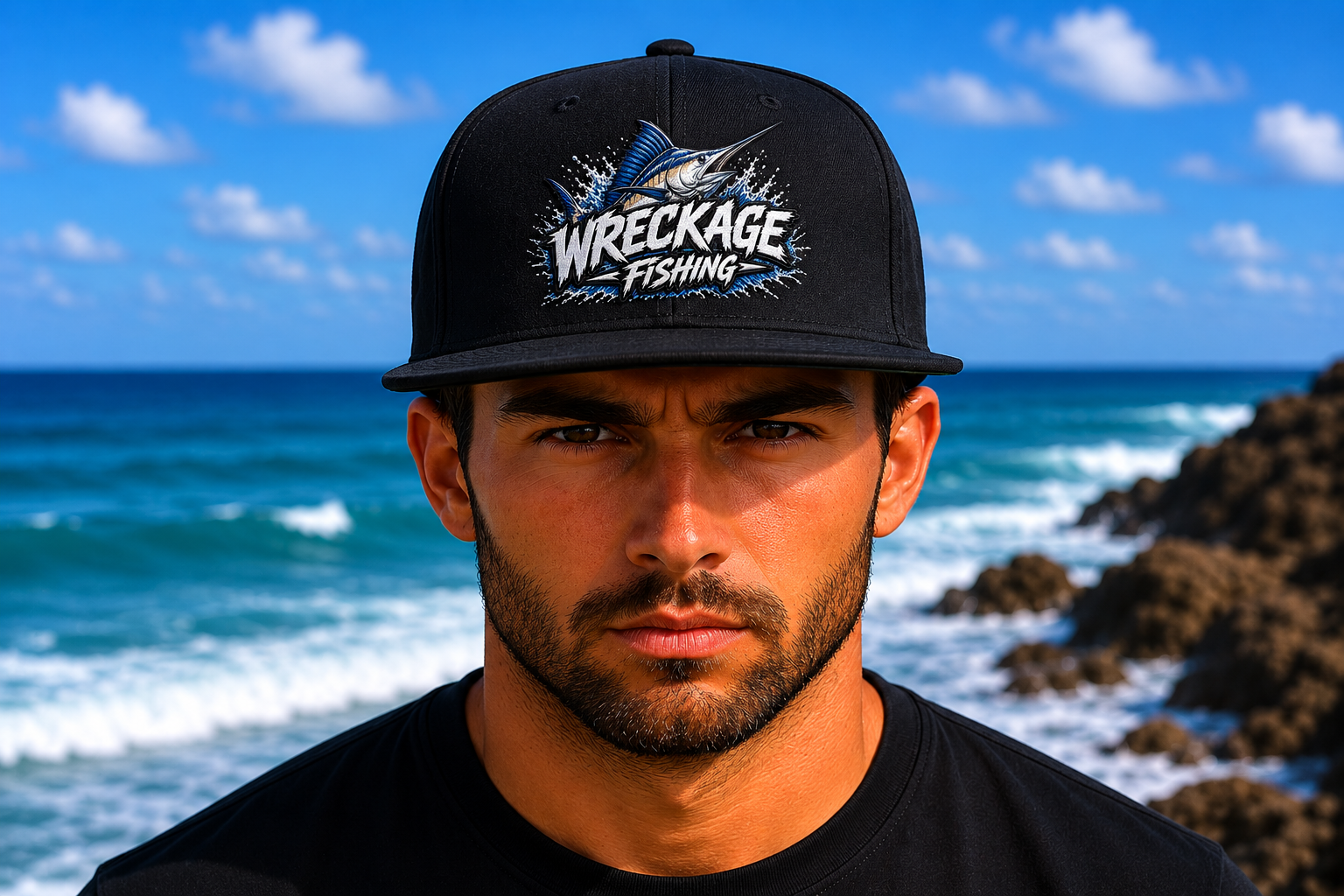 WF Marlin Flat Bill Hat Black Front.png