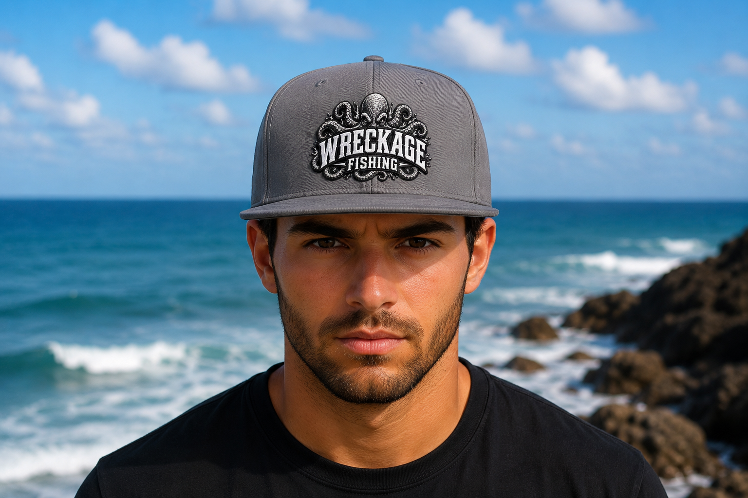 WF Octopus Flat Bill Hat gray Front.png