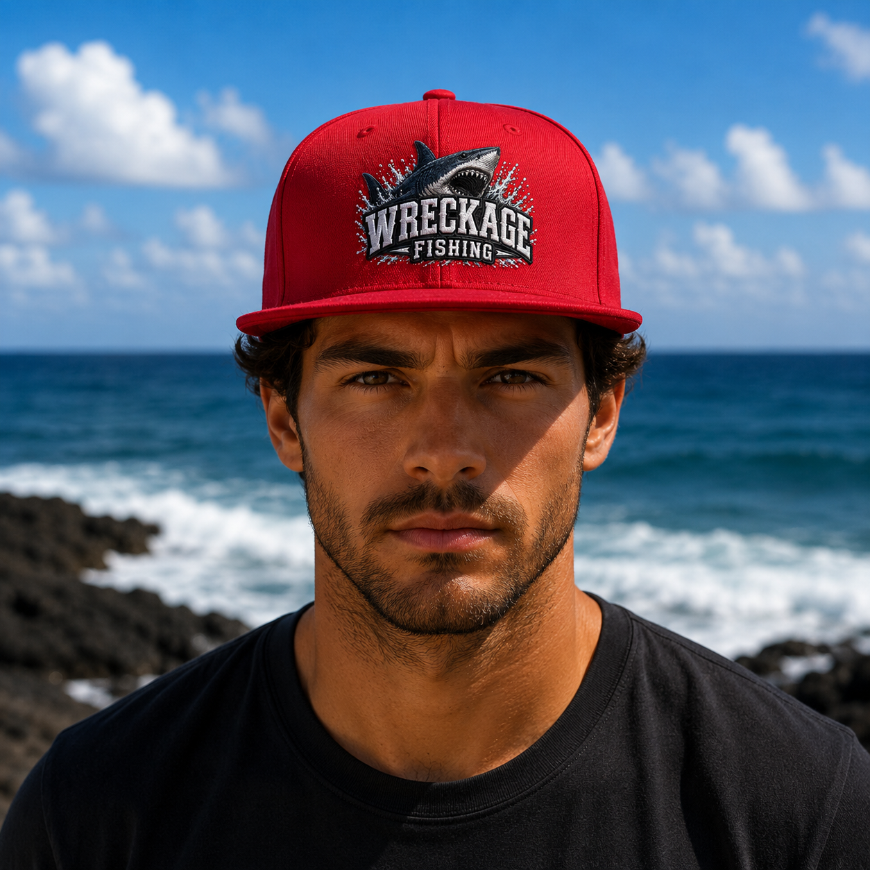 WF Shark Flat Bill Hat red Front.png