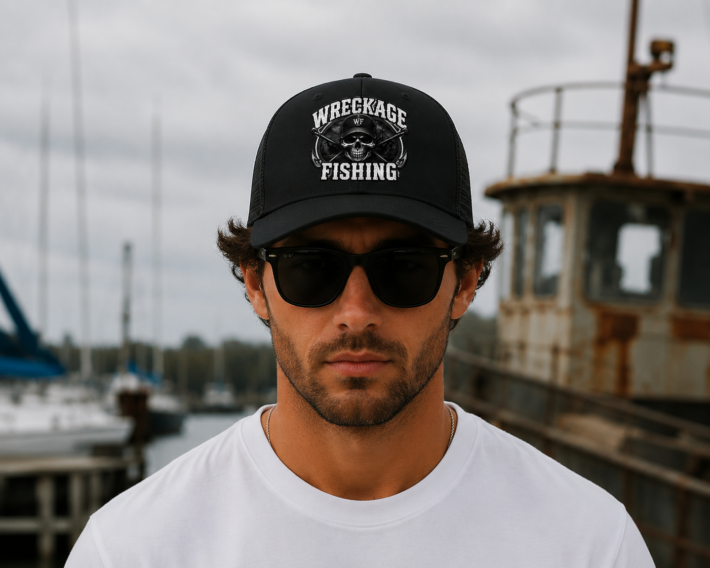 Wreckage Fishing Skull and Hooks Snapback Trucker Hat Mesh Back