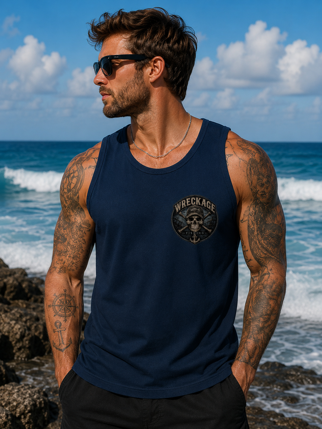 WF Skull and Wreckage Men's Tank top navy front.png