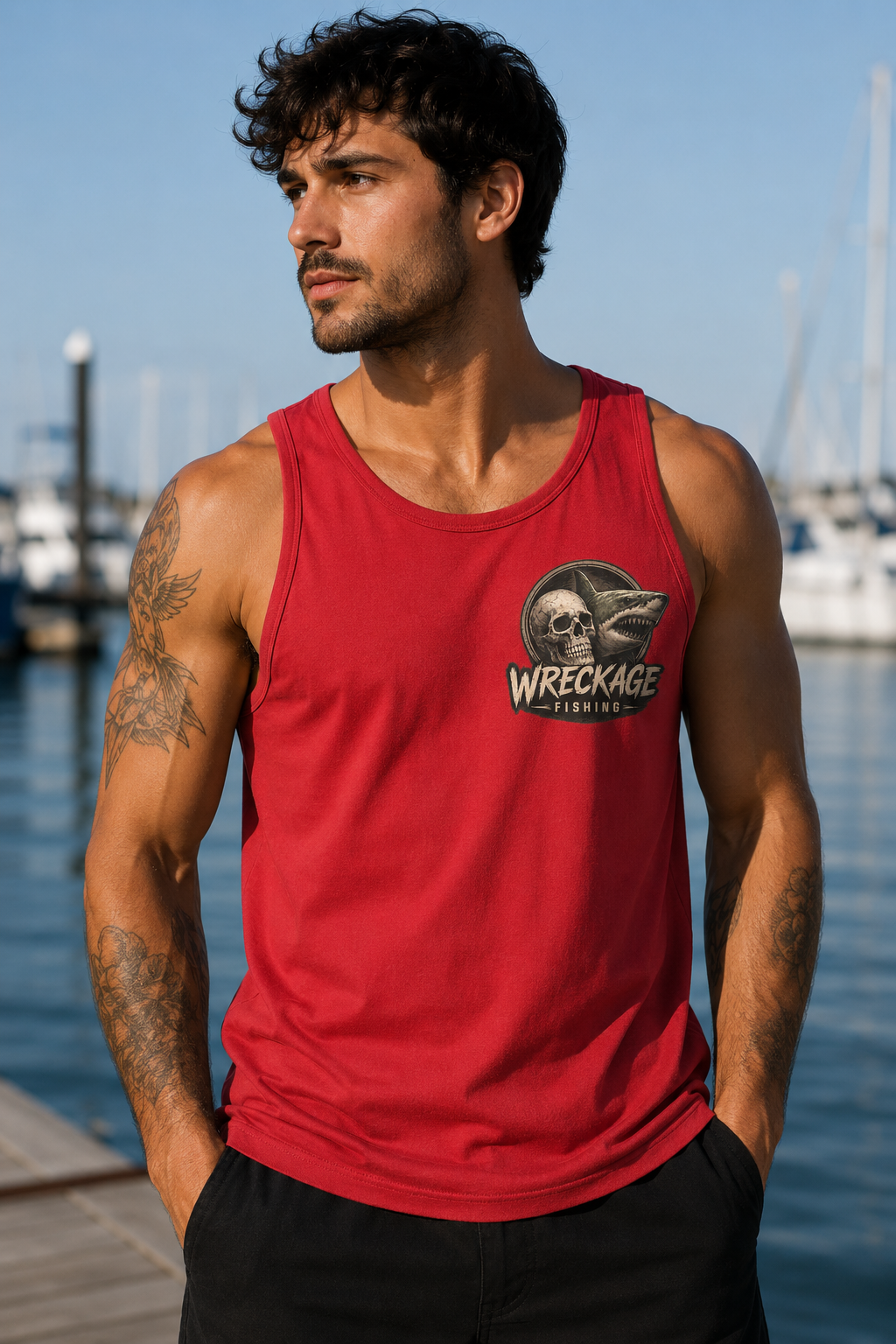 WF Skull and Shark men's Tank Top red front.png