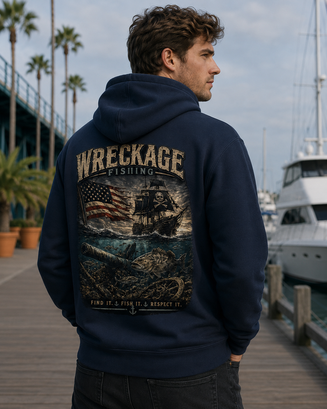 WF Pirate Ship and American Flag hoodie navy back.png