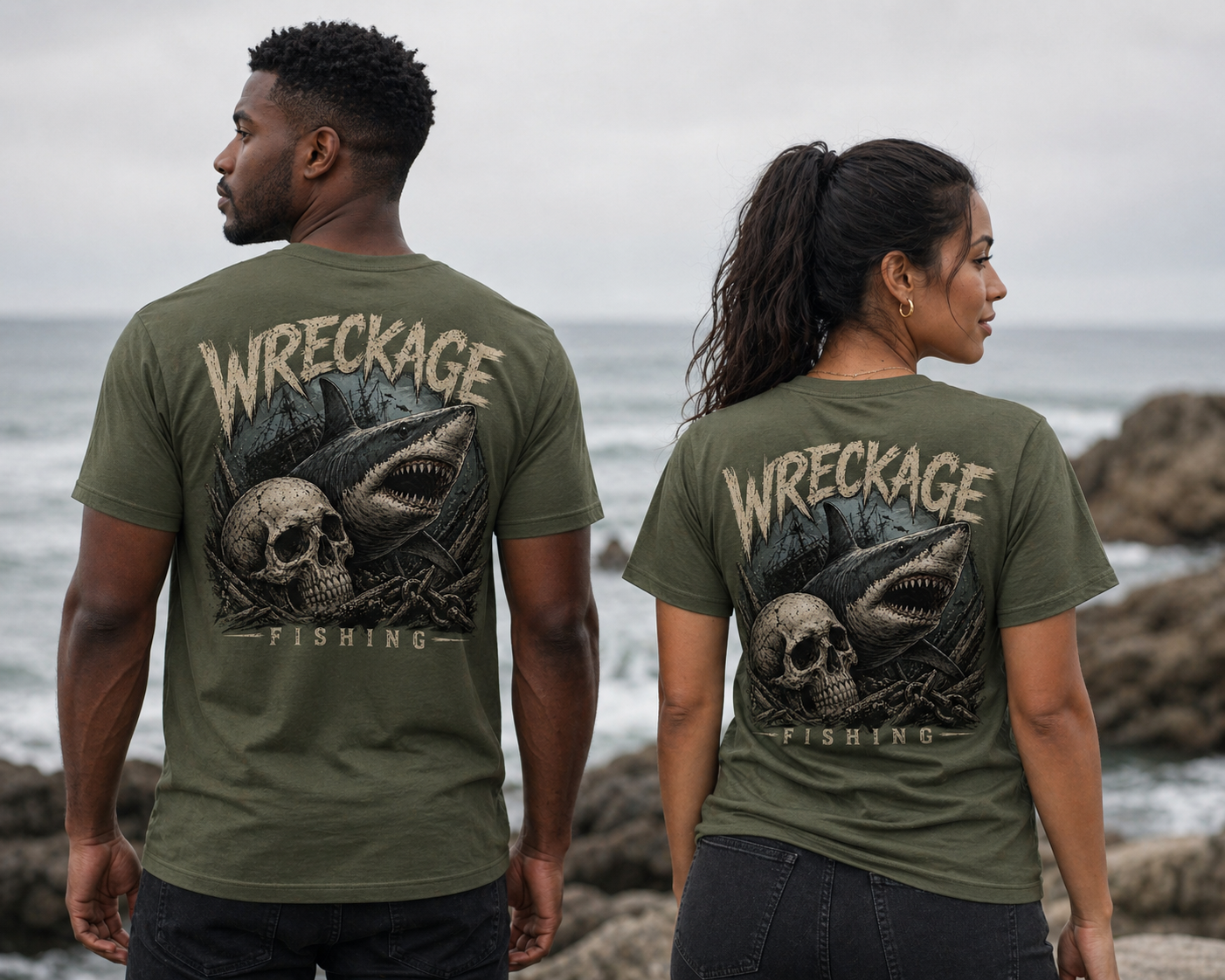 WF Skull and Shark Tshirt MGreen Back.png