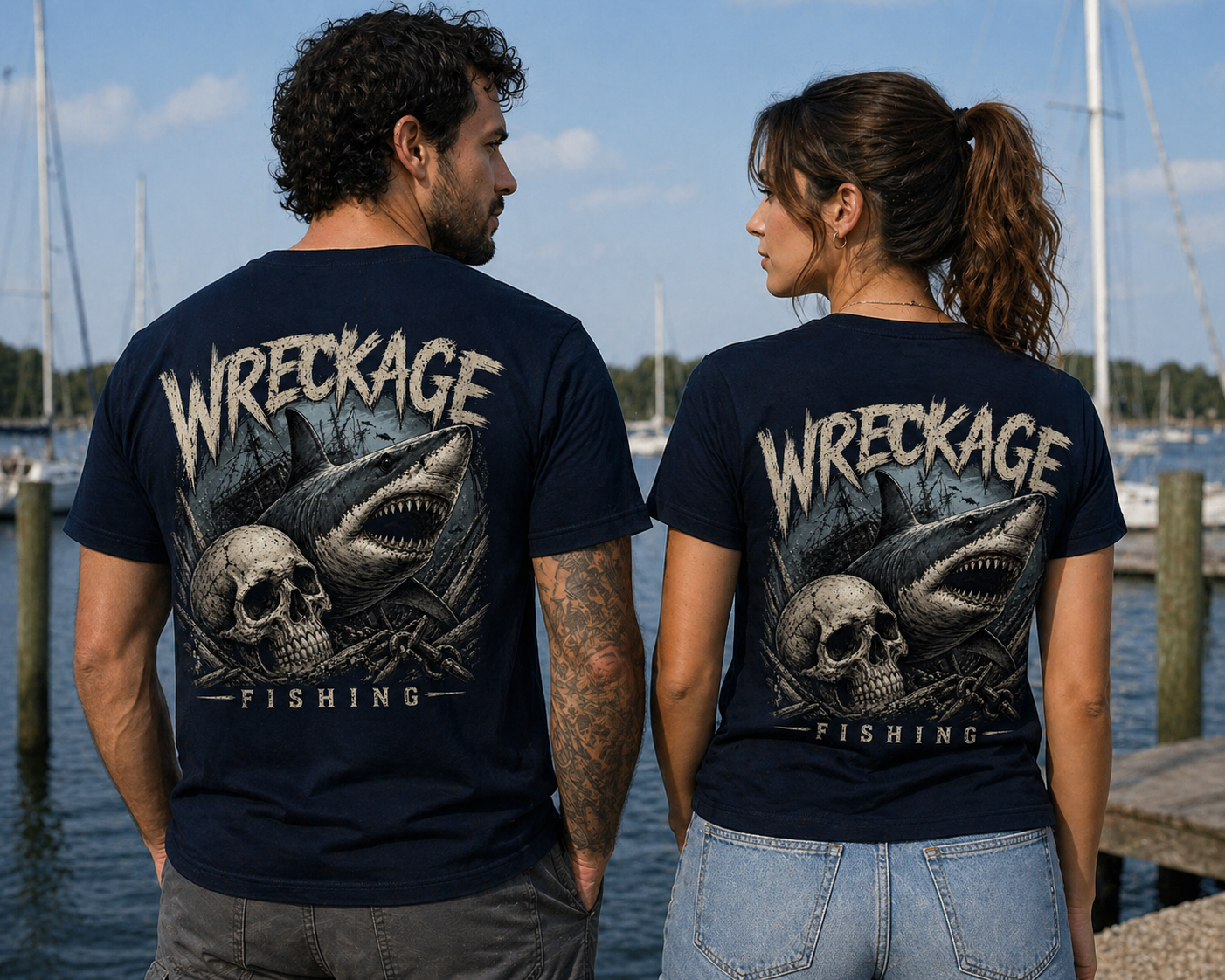 WF Skull and Shark Tshirt Navy Back.png