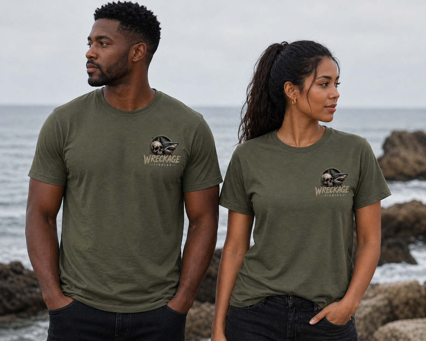 WF Skull and Shark Tshirt MGreen Front.png
