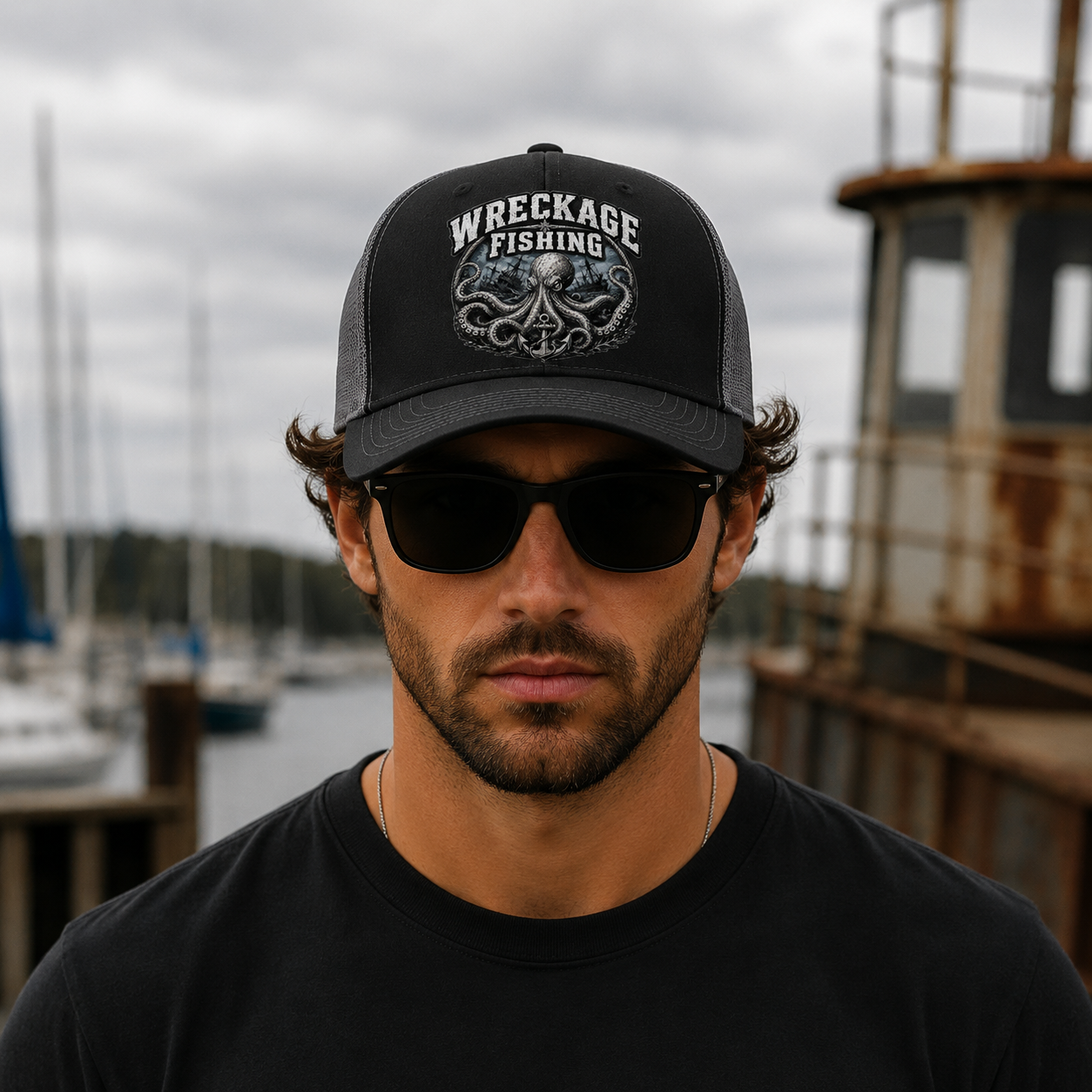 Wf Octopus Trucker hat Black:charcoal front.png