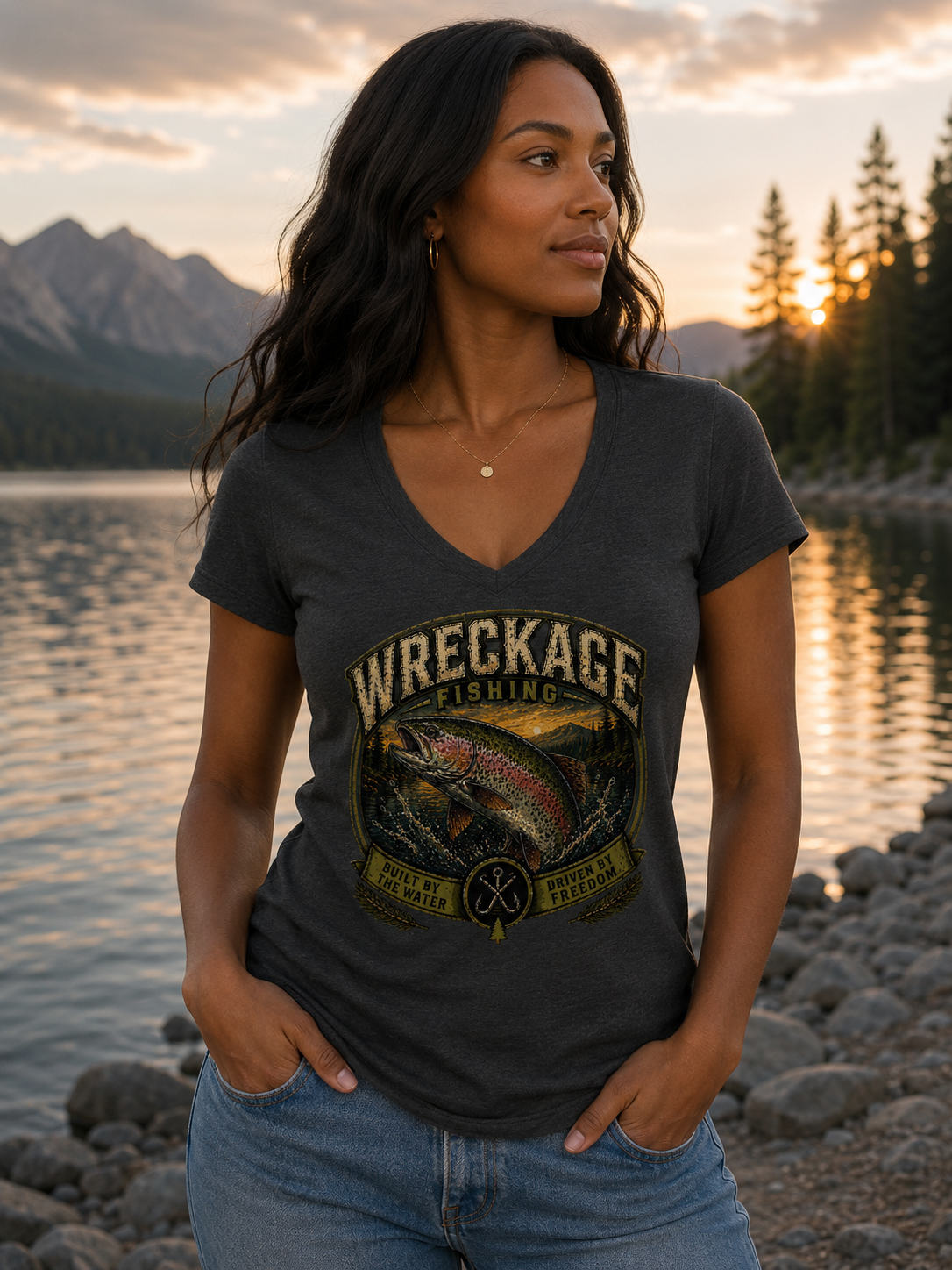 WF Rainbow Trout Women's V-Neck charcoal.png