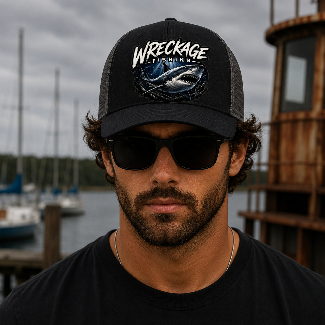 Wreckage Fishing Shark Snapback Trucker Hat Mesh Back
