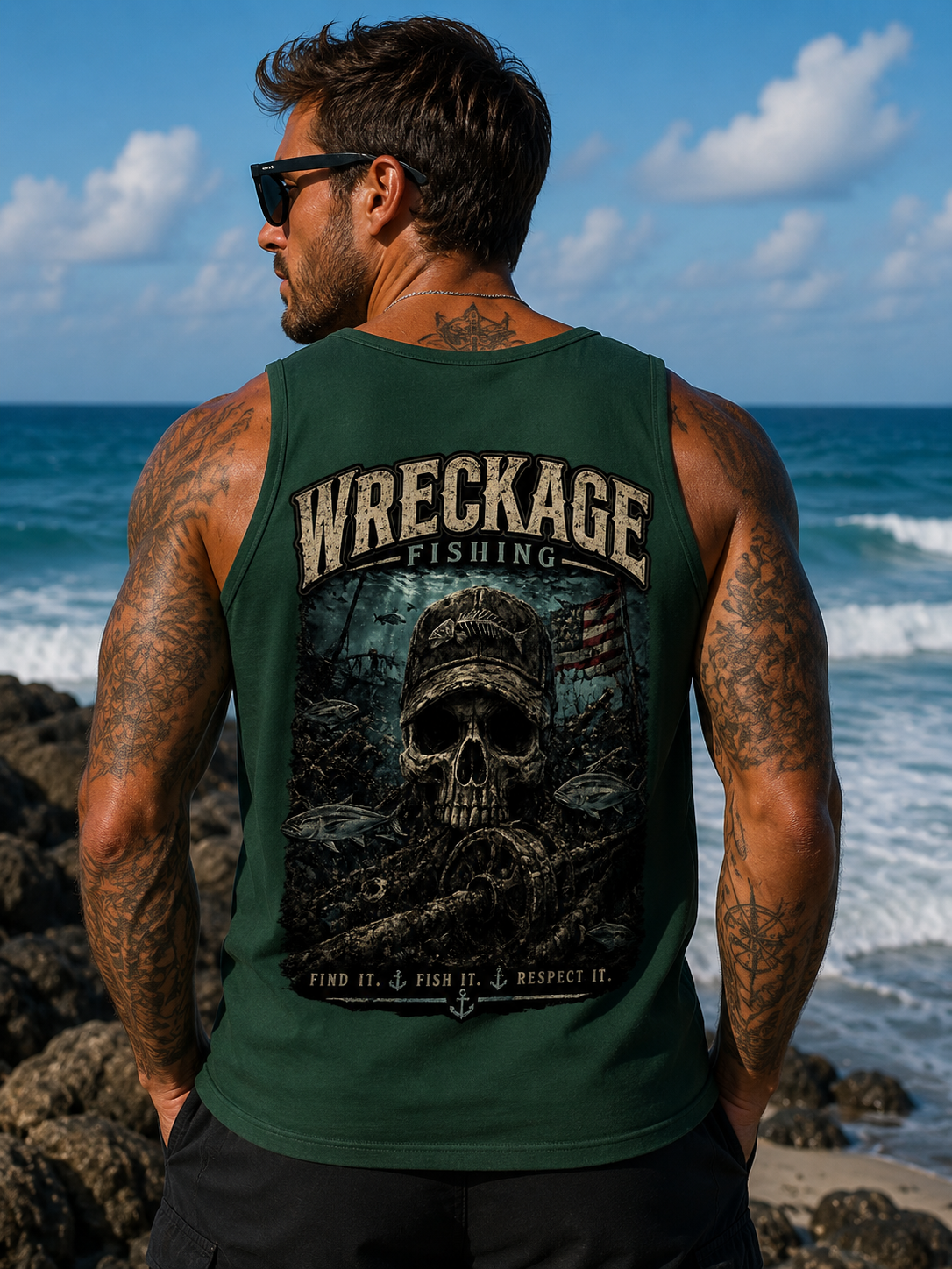 WF Skull and Wreckage Men's Tank top fgreen back.png