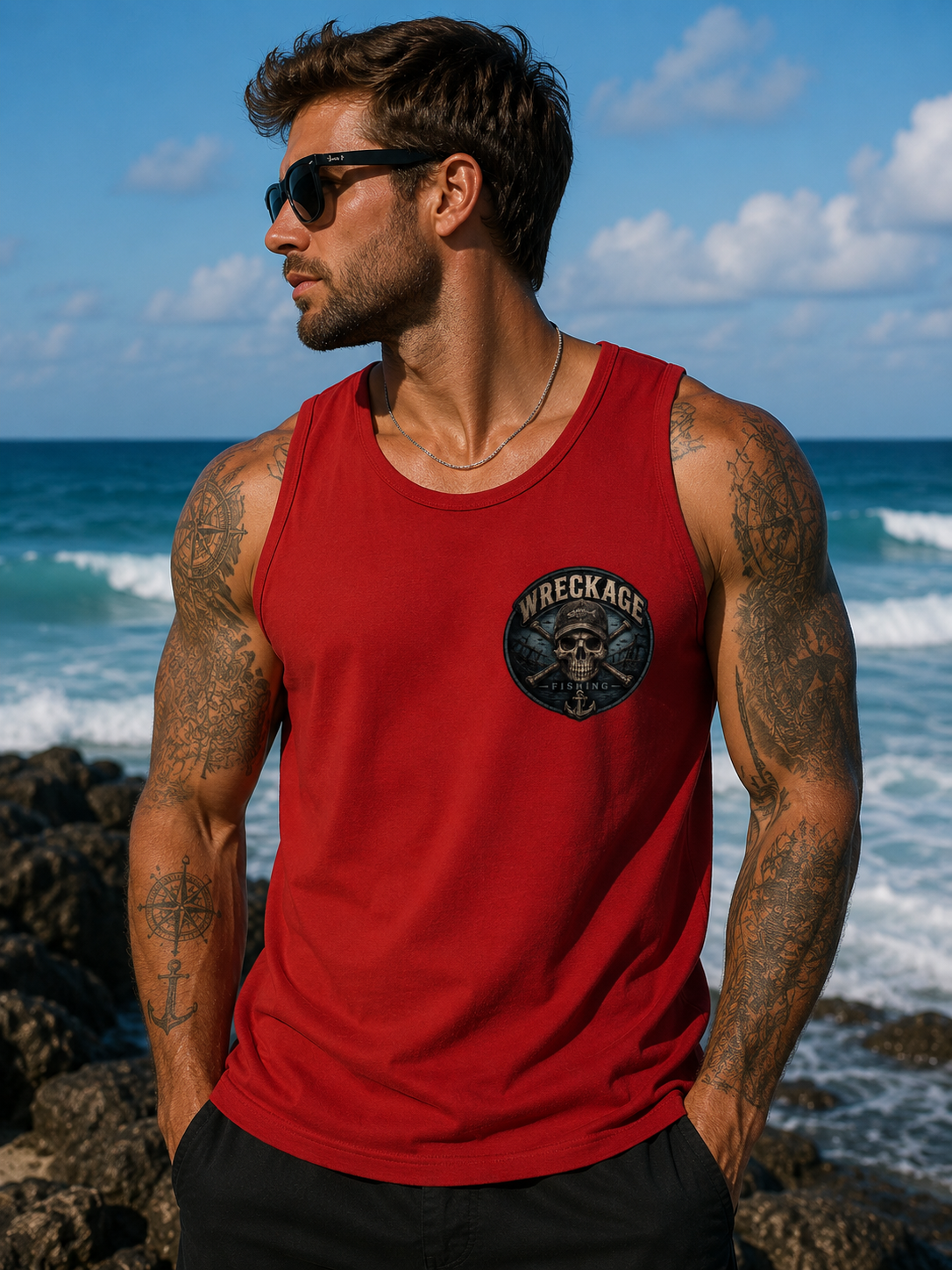 WF Skull and Wreckage Men's Tank top red front.png