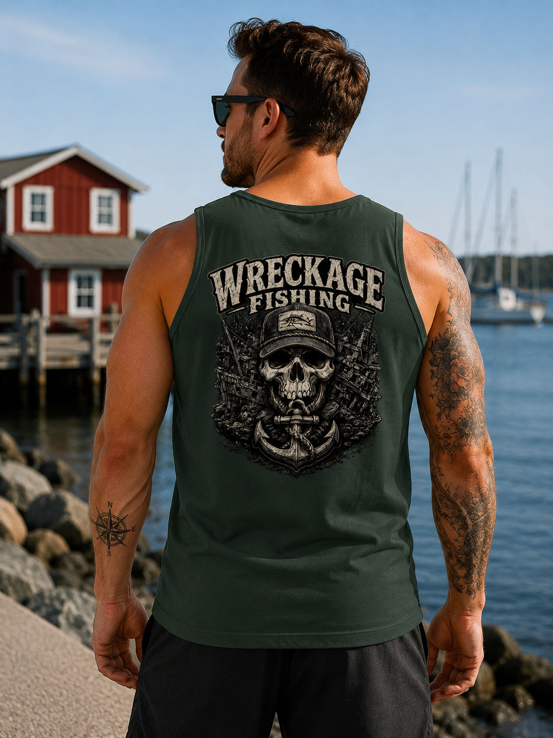 Wreckage Fishing Black and Gray Skull Men's Tank Top