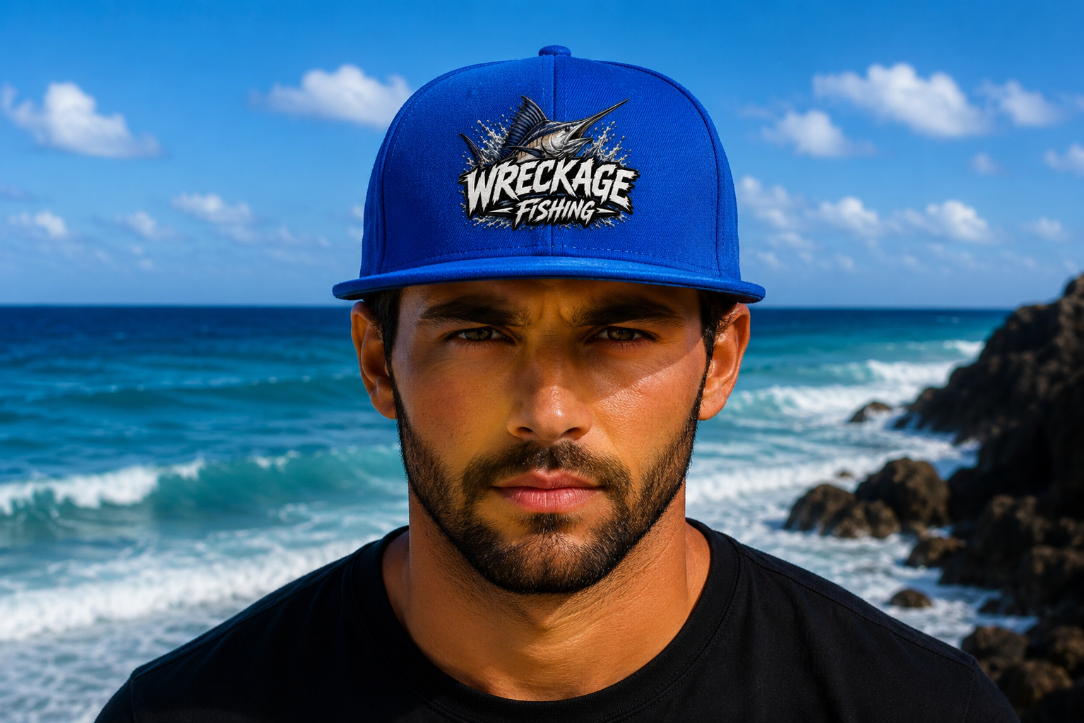 Wreckage Fishing Marlin Flat Bill Snapback Hat Embroidered