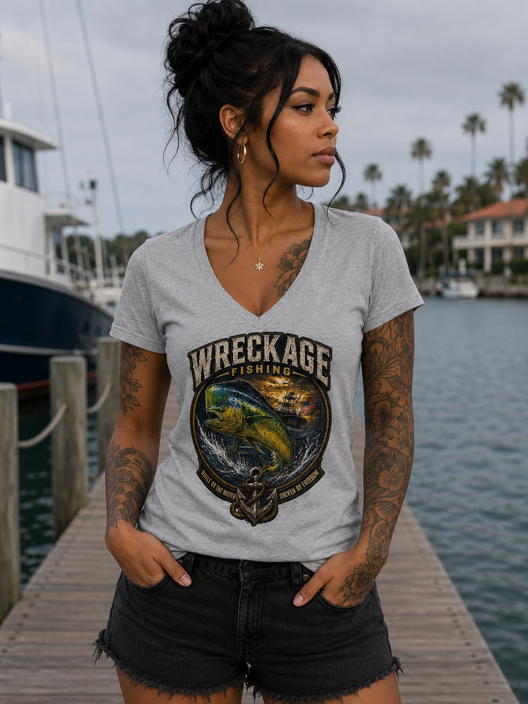 Wreckage Fishing Dorado Women's V-Neck T-Shirt
