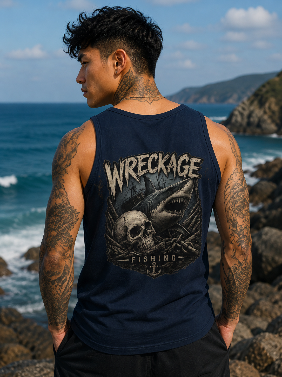 WF Skull and Shark men's Tank Top navy back.png
