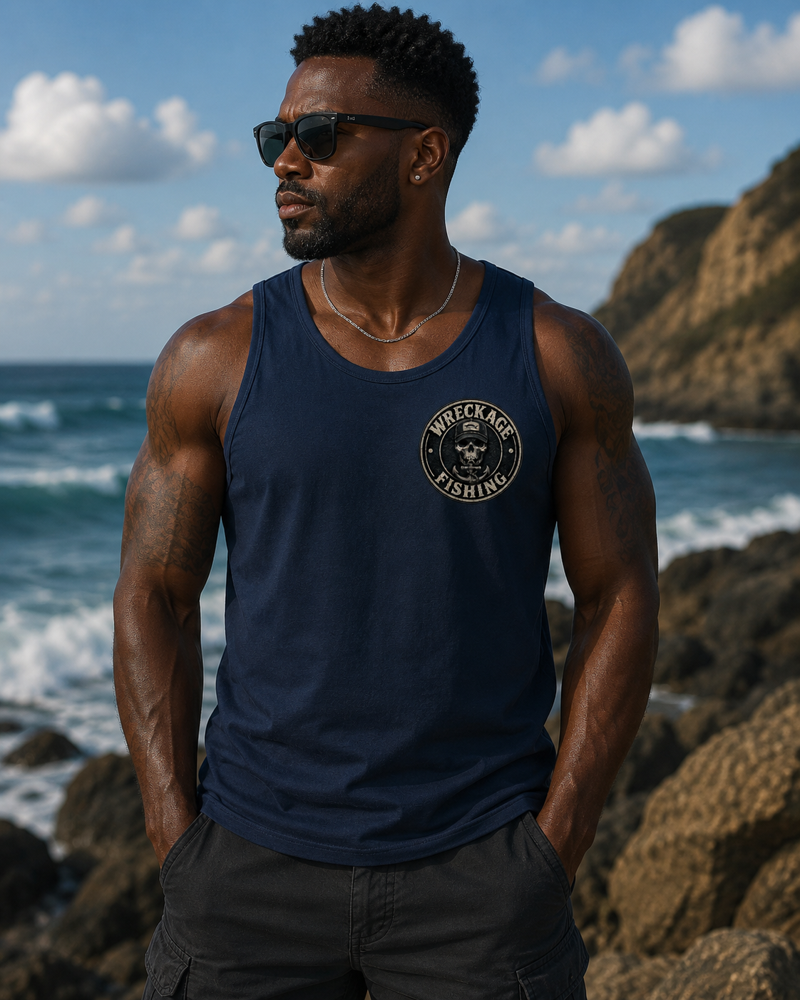 WF Black and Gray Skull Men's Tank Top navy Front.png