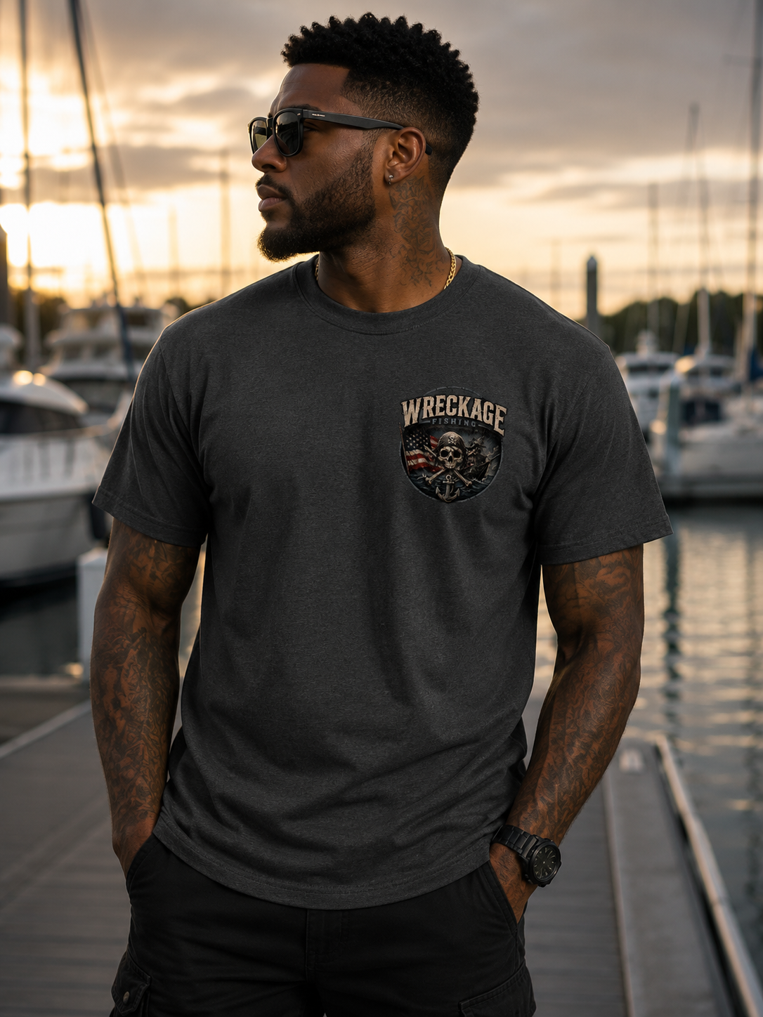 WF Pirate Ship and American Flag Tshirt charcoal front.png