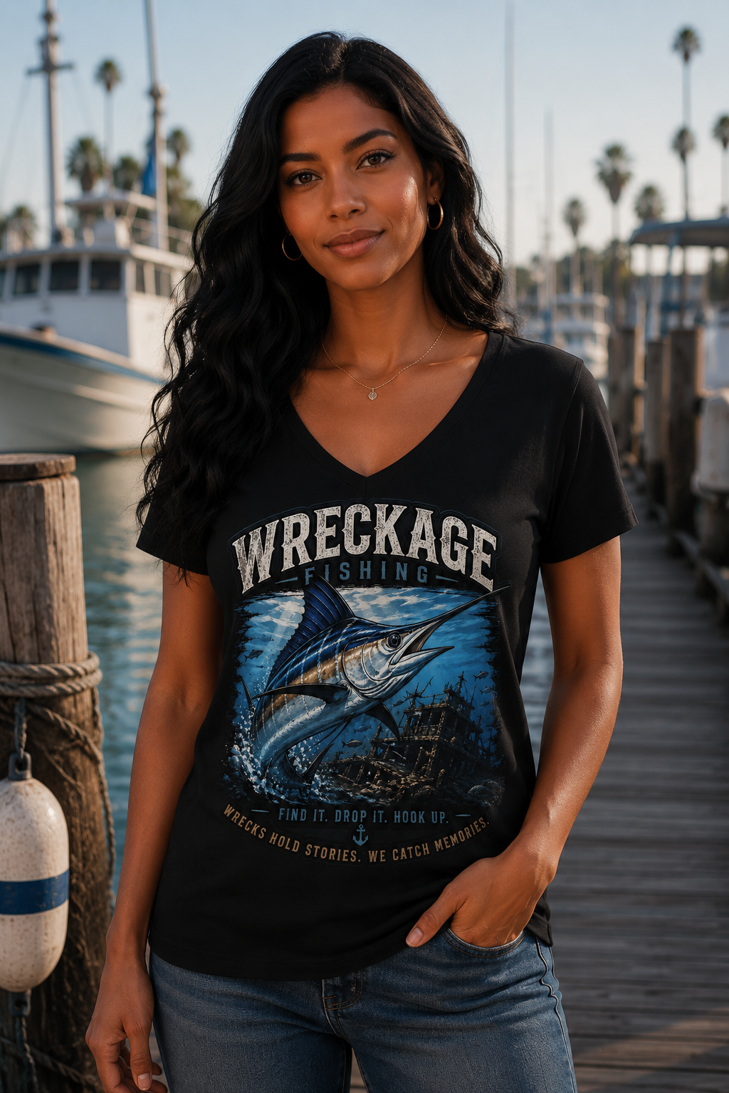WF Marlin Women's V-Neck T-Shirt Black.png