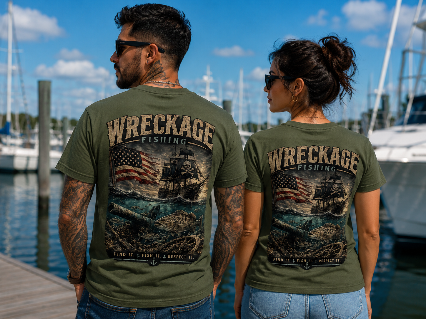 Wreckage Fishing Pirate Ship and American Flag Men's T-Shirt