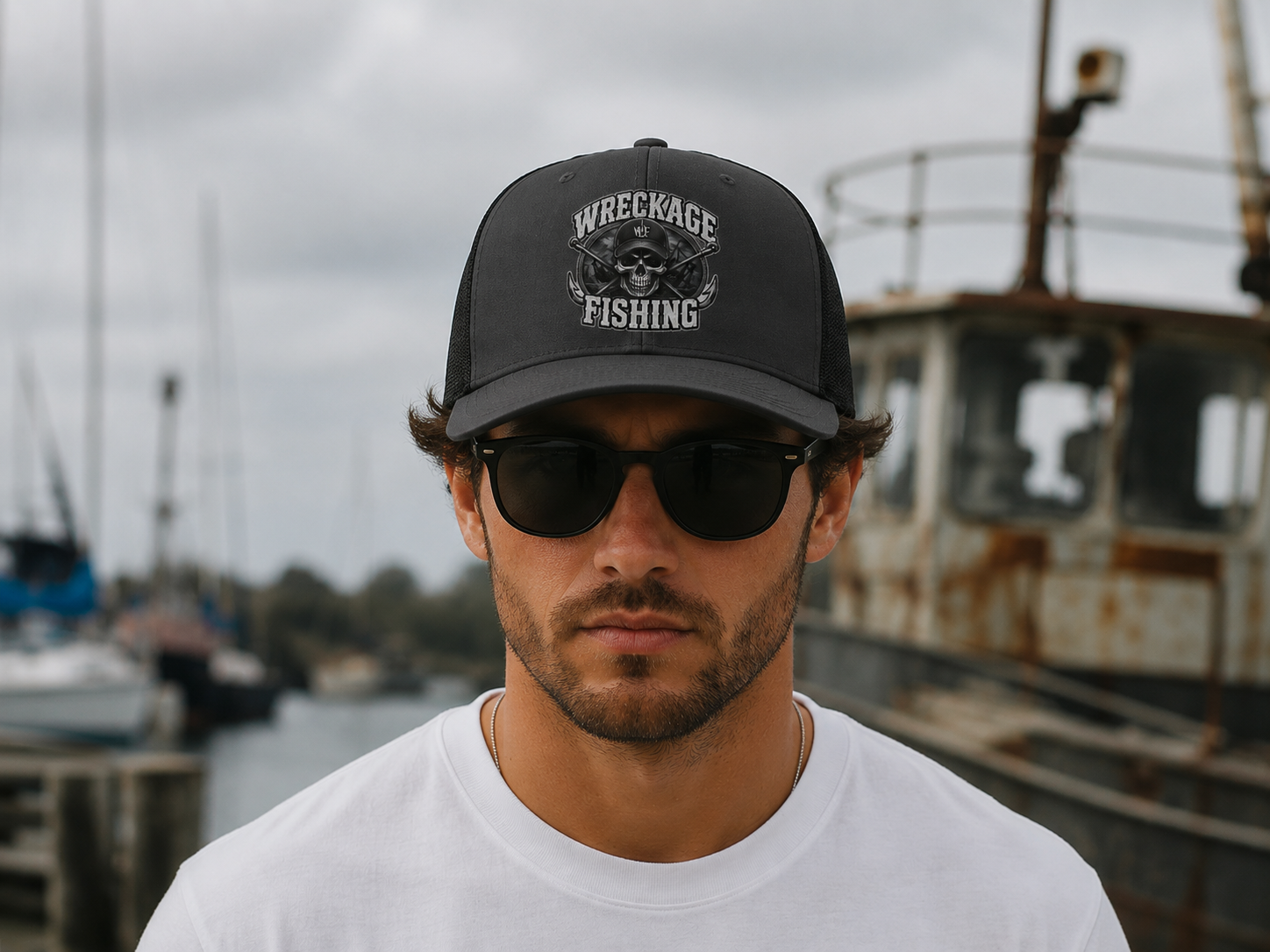 WF Skull and Hooks Trucker Hat Charcoal:Black front.png